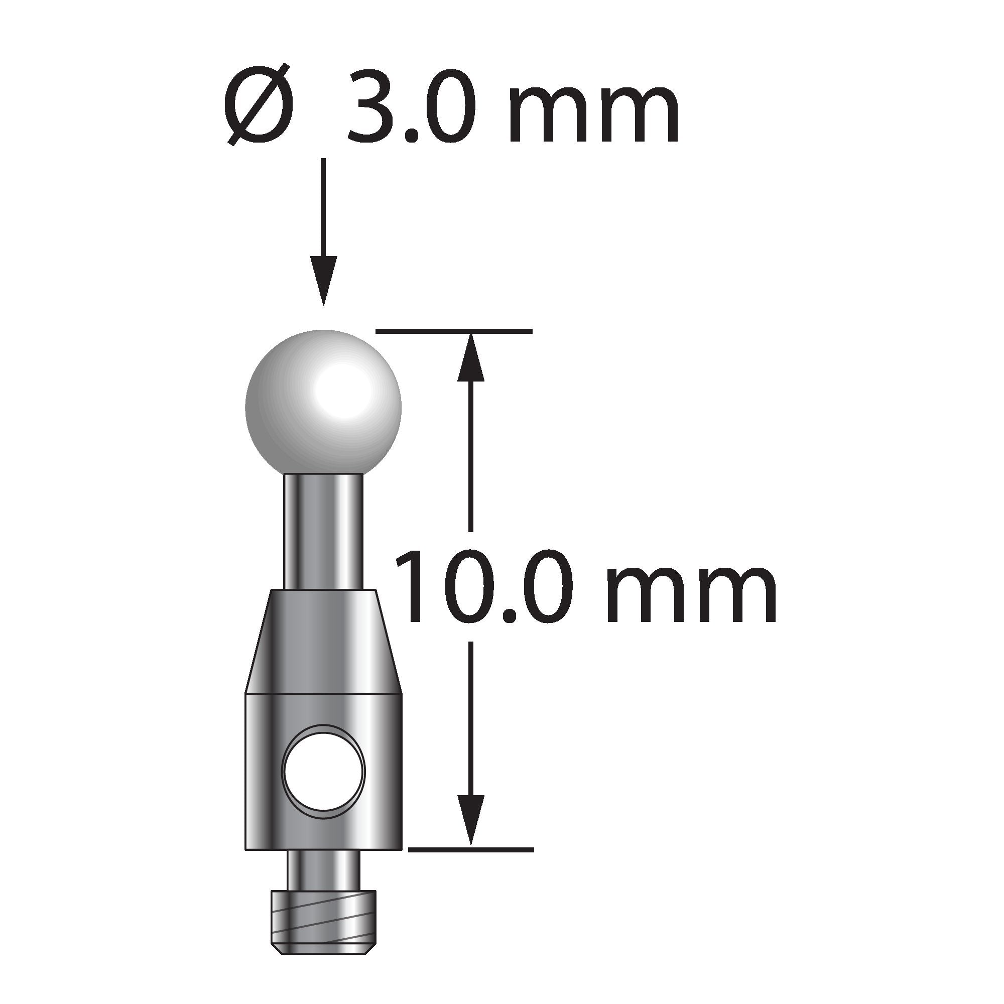 TM2-3010-Z M2 stylus with 3.0mm zirconia ball, carbide shaft, and stainless steel base, 10.0mm long by Q-Mark Manufacturing, Inc.
