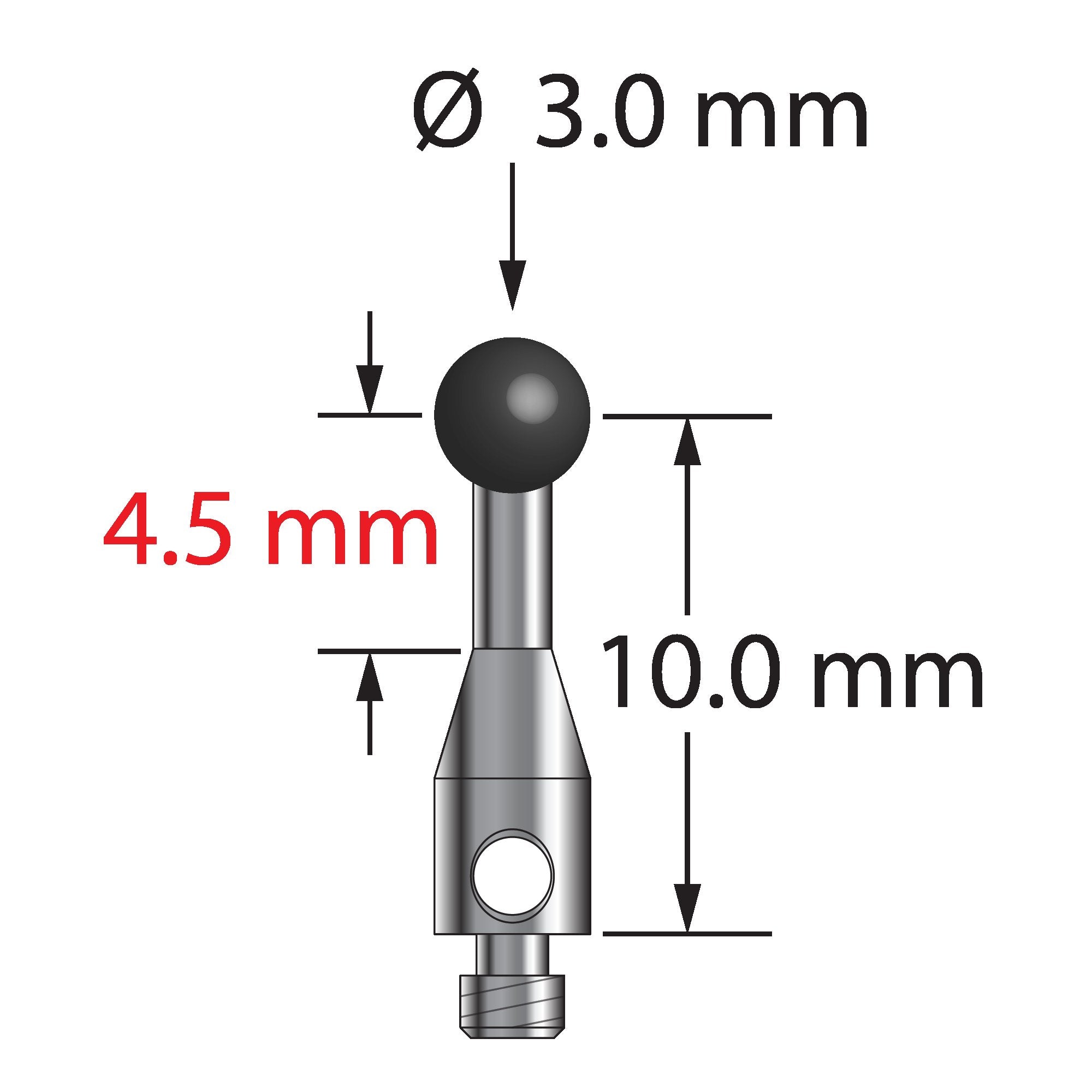 TM2-3011.5-S-SN M2 stylus with 3.0mm silicon nitride ball and stainless steel stem, 10.0mm long.