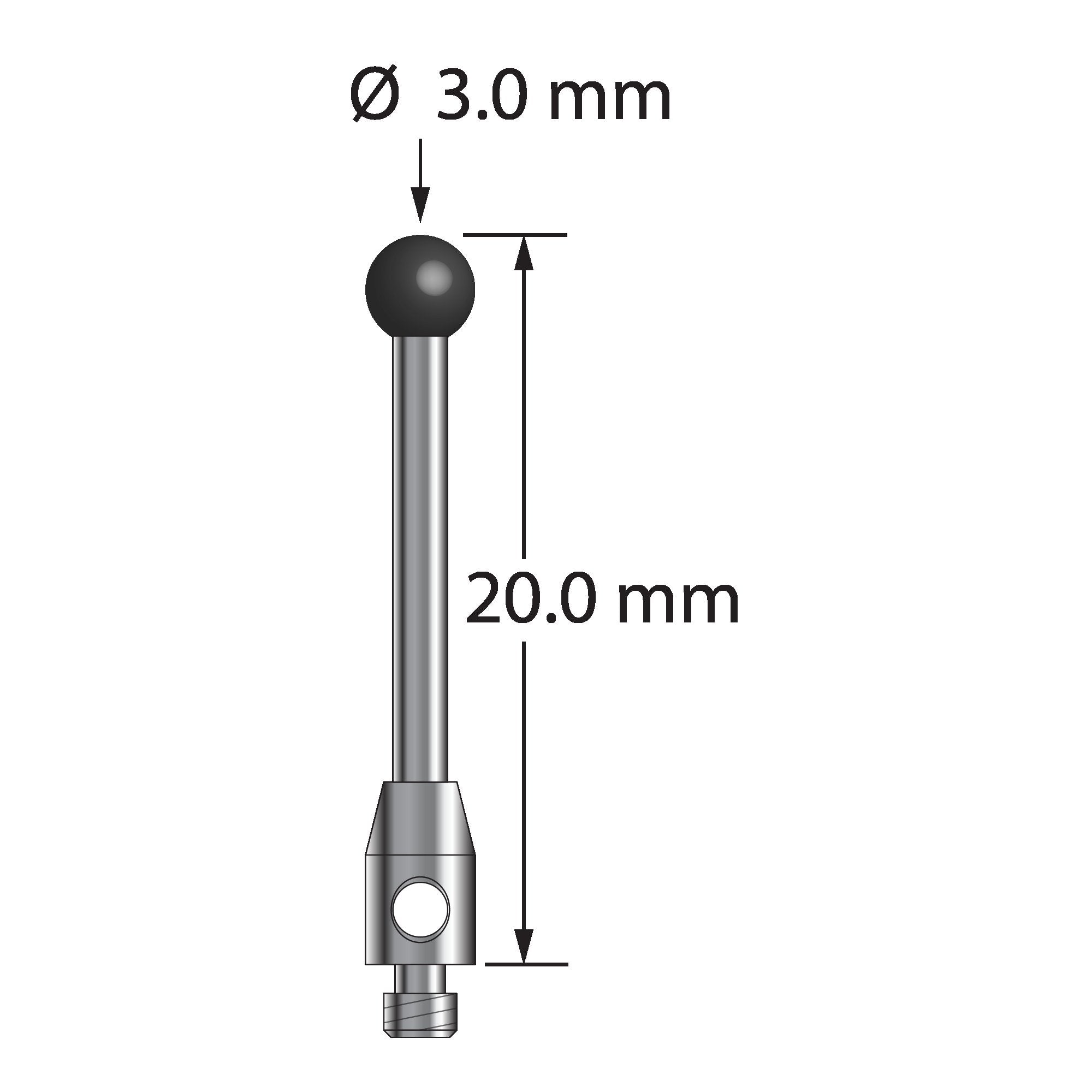 TM2-3020-SN M2 stylus with 3.0mm silicon nitride ball, carbide stem, and stainless steel base, 20.0mm long.