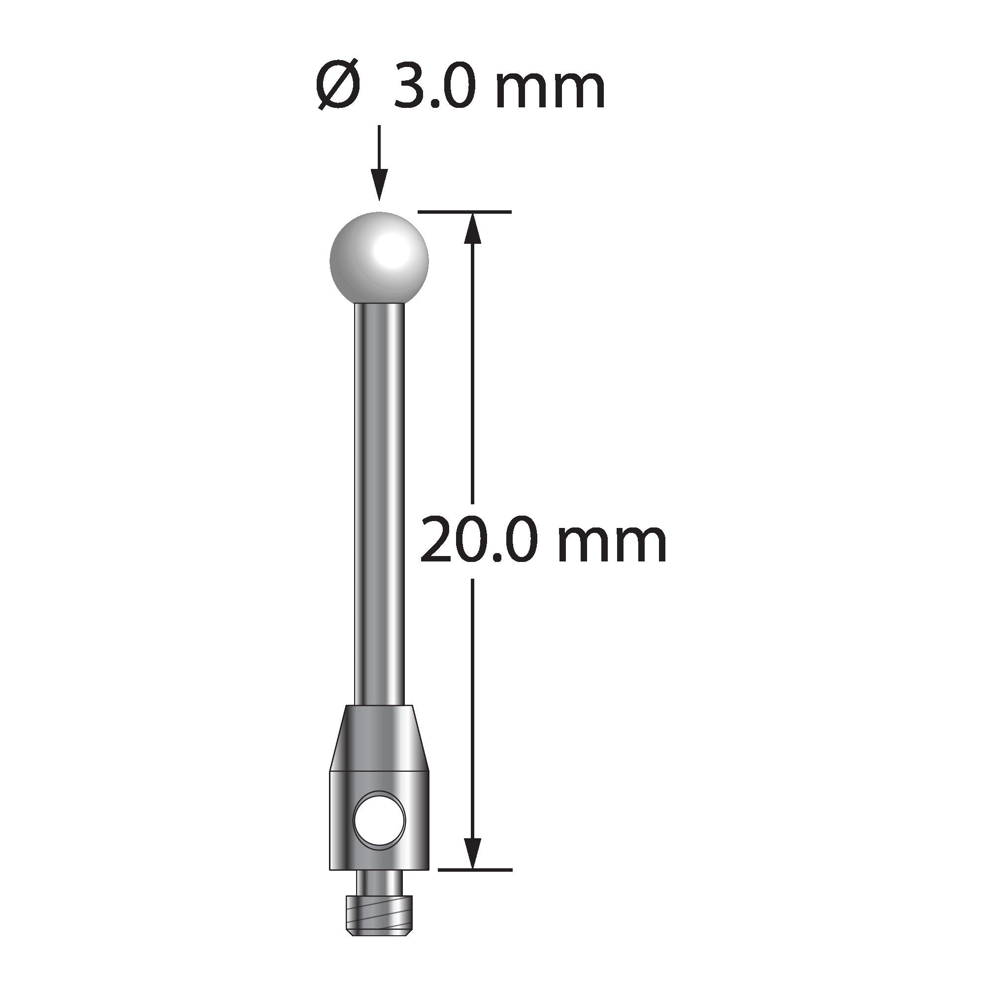 TM2-3020-Z M2 stylus with 3.0mm zirconia ball, carbide stem, and stainless steel base, 20.0mm long by Q-Mark Manufacturing, Inc.