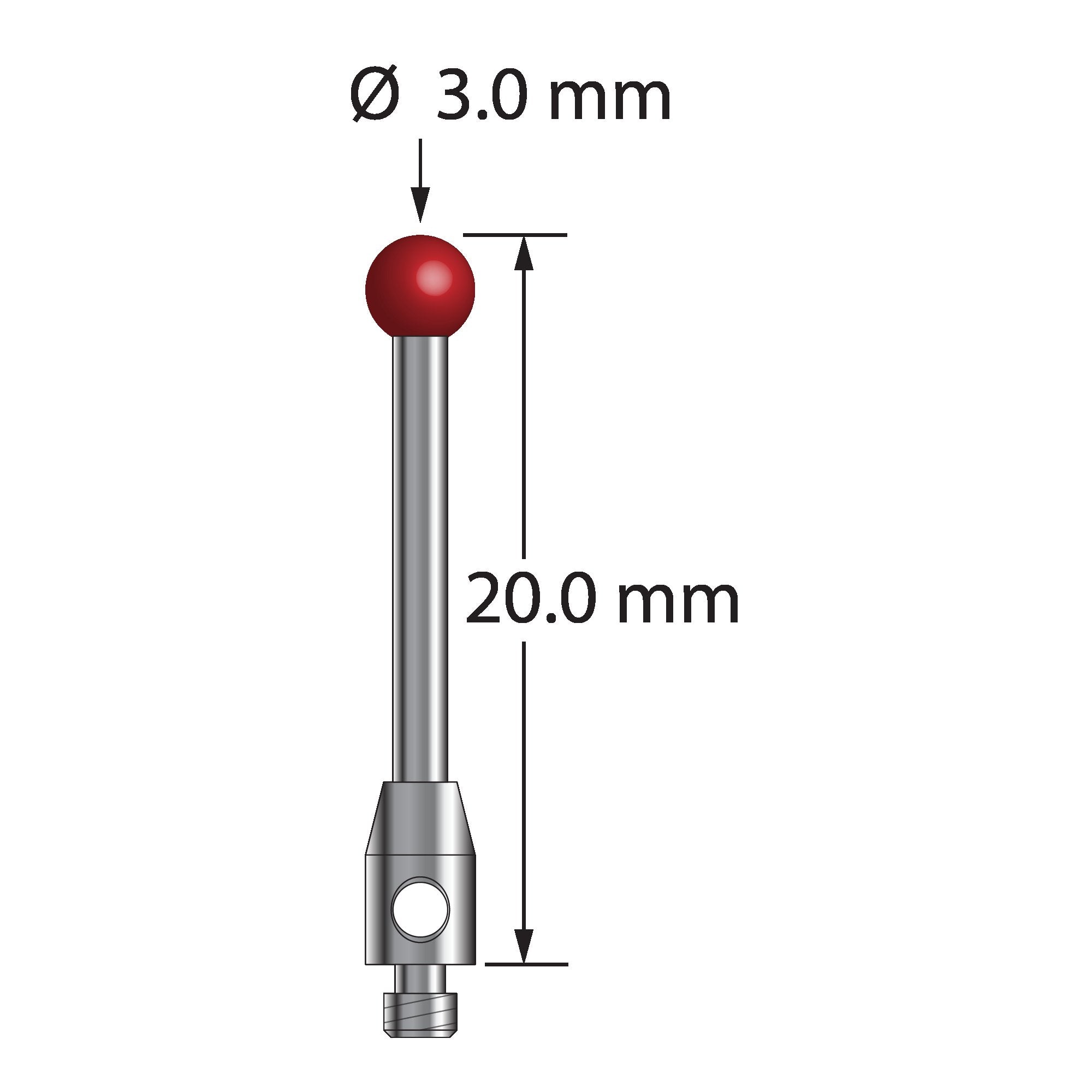 TM2-3020 M2 stylus with 3.0mm ruby ball, carbide stem, and stainless steel base, 20.0mm long by Q-Mark Manufacturing, Inc.