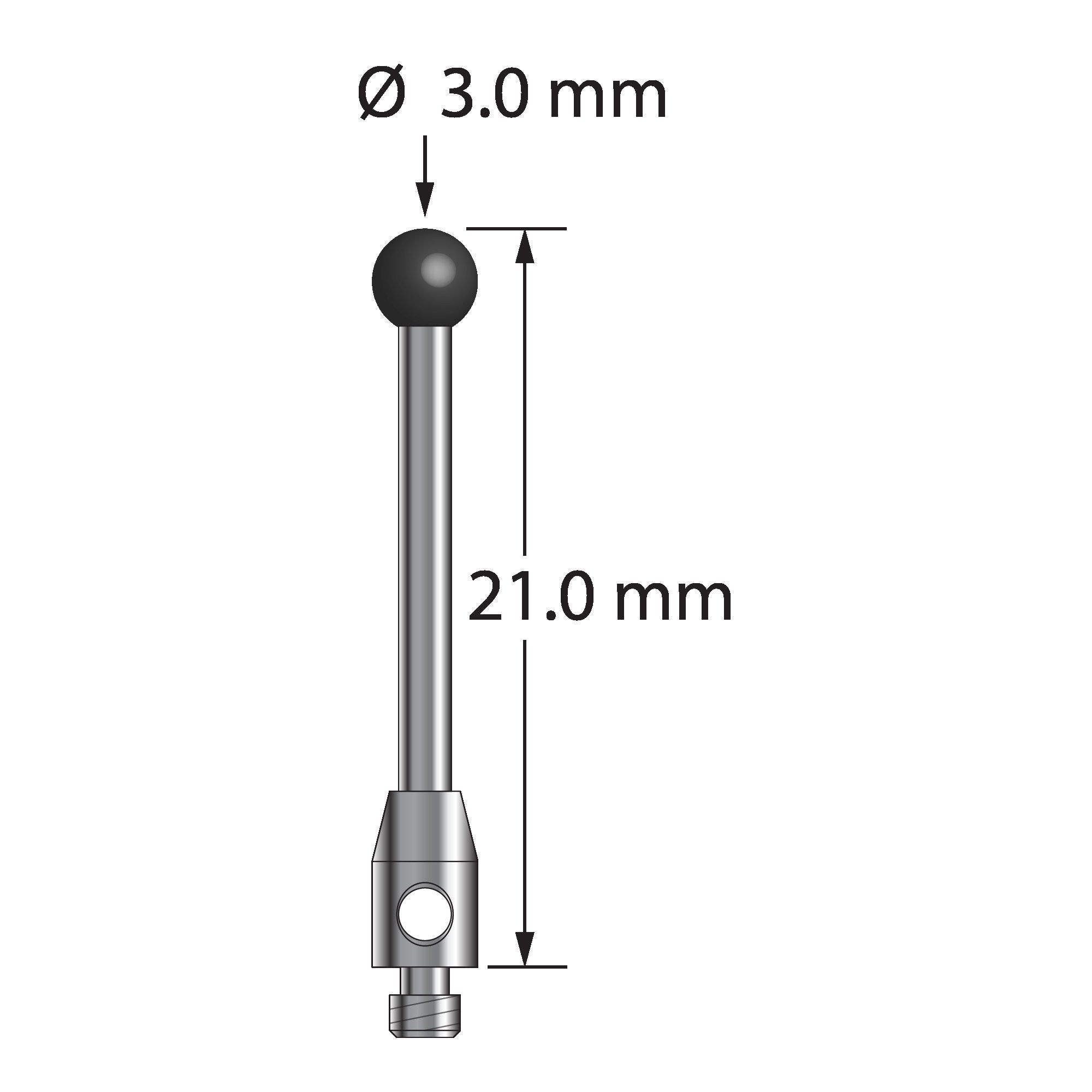 TM2-3021-SN M2 stylus with 3.0mm ruby ball, carbide stem, and stainless steel base, 21.0mm long by Q-Mark Manufacturing, Inc.