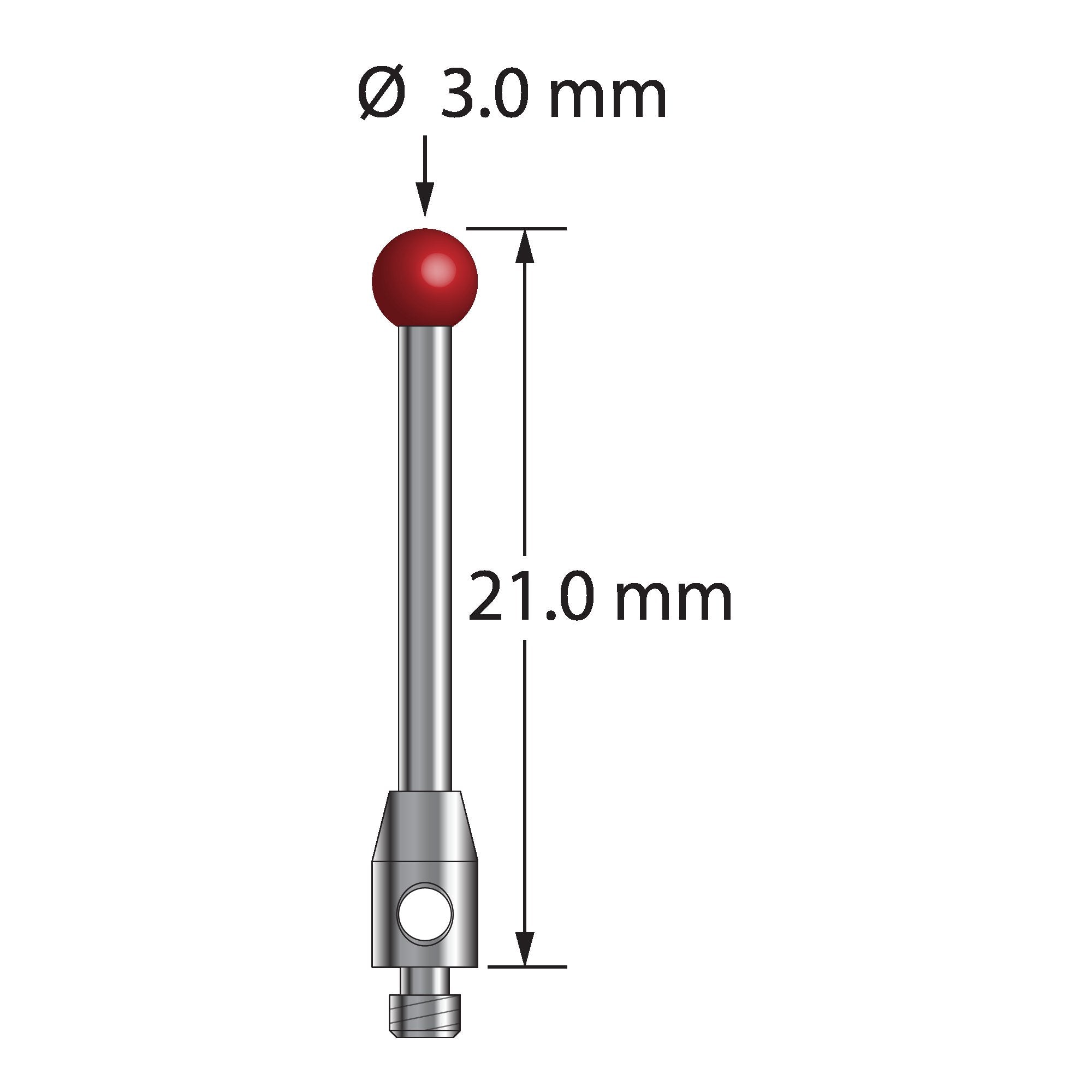 TM2-3021 M2 stylus with 3.0mm ruby ball, carbide stem, and stainless steel base, 21.0mm long by Q-Mark Manufacturing, Inc.