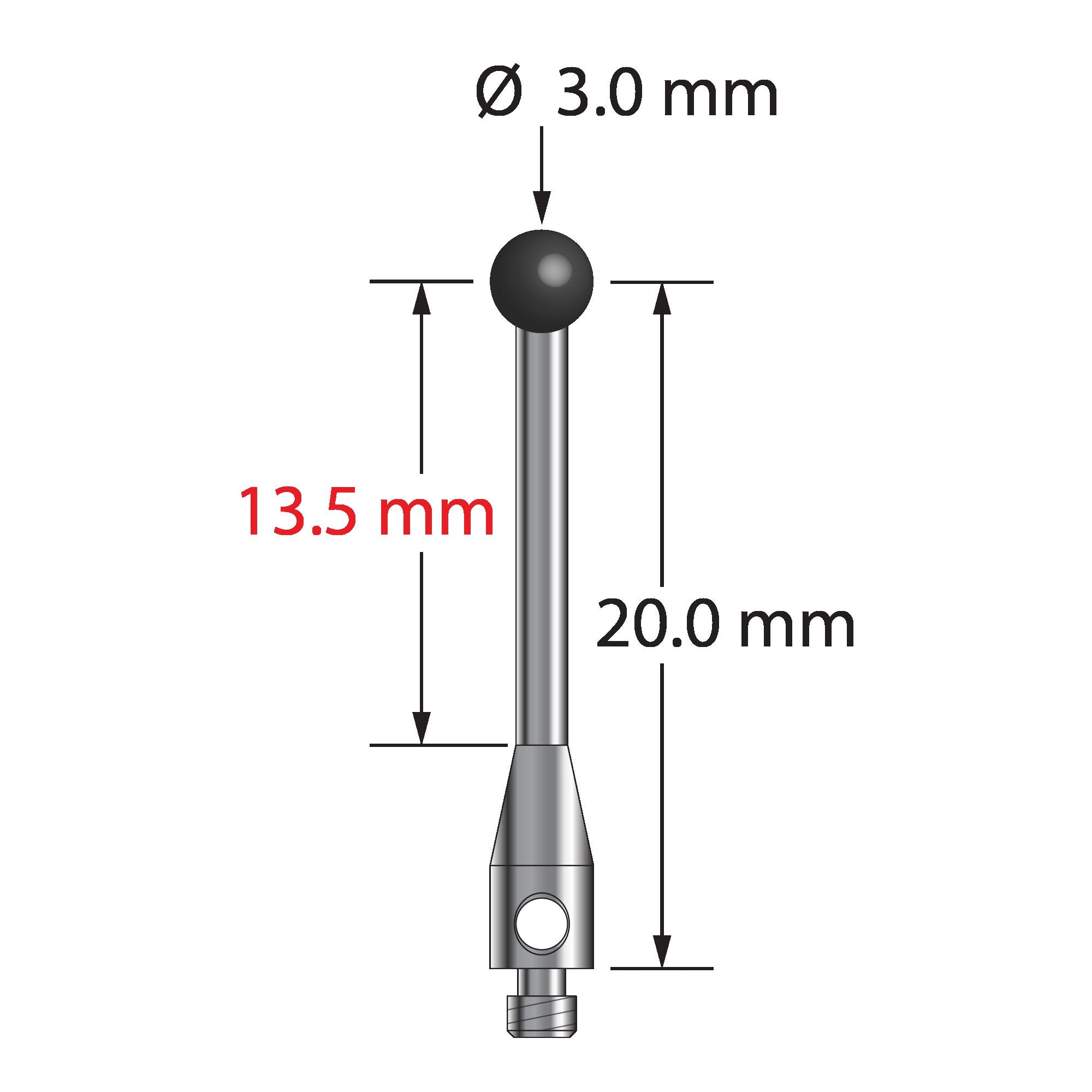TM2-3021.5-S-SN M2 stylus with 3.0mm silicon nitride ball and stainless steel stem, 20.0mm long.
