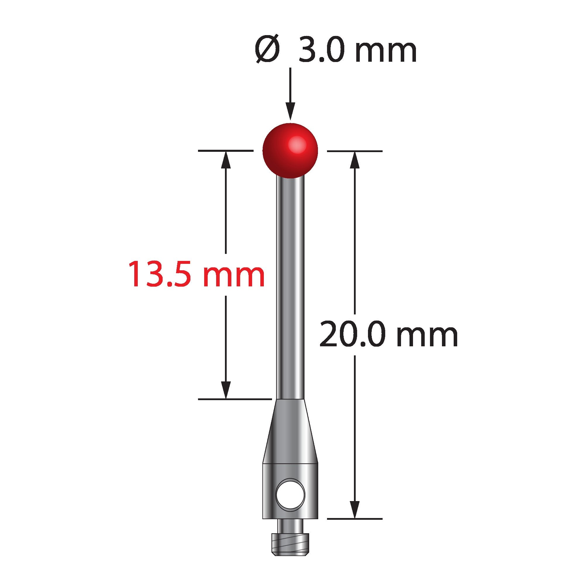 TM2-3021.5-S M2 stylus with 3.0mm ruby ball, stainless steel stem, 20.0mm length.