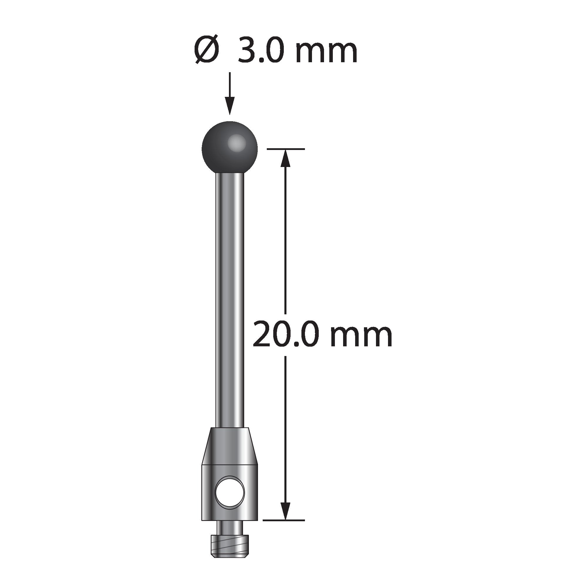 TM2-3021.5-SN M2 stylus with 3.0mm silicon nitride ball, carbide stem, and stainless steel base.
