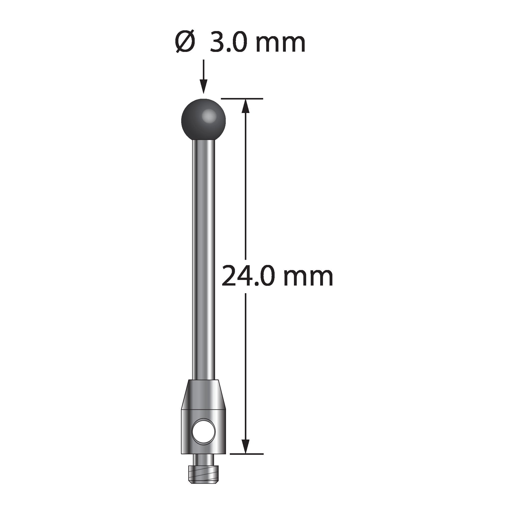TM2-3024-SN stylus with 3.0mm silicon nitride ball, carbide stem, stainless steel base, 24.0mm long.