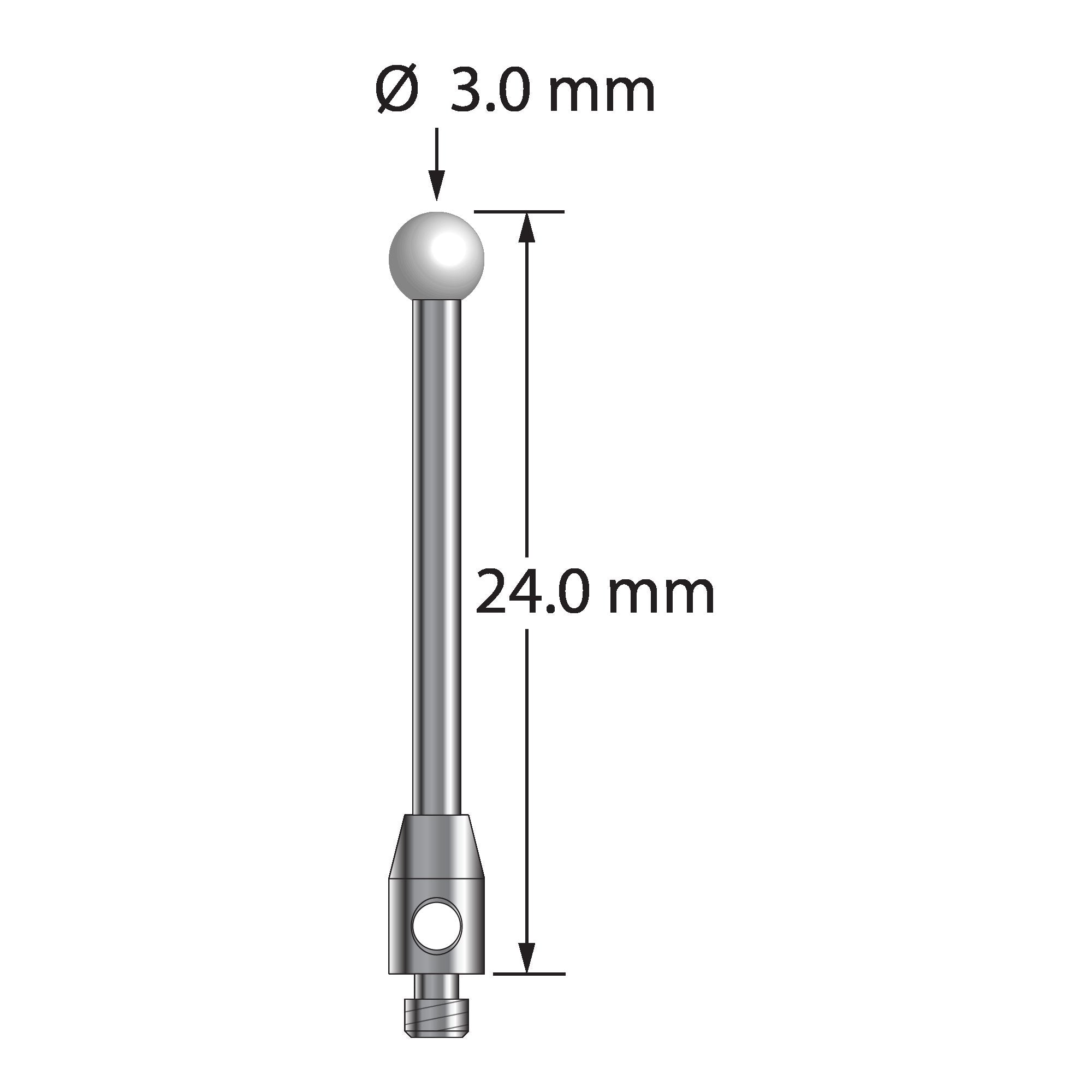 TM2-3024-Z M2 stylus with 3.0mm zirconia ball, carbide stem, and stainless steel base, 24.0mm long by Q-Mark Manufacturing, Inc.
