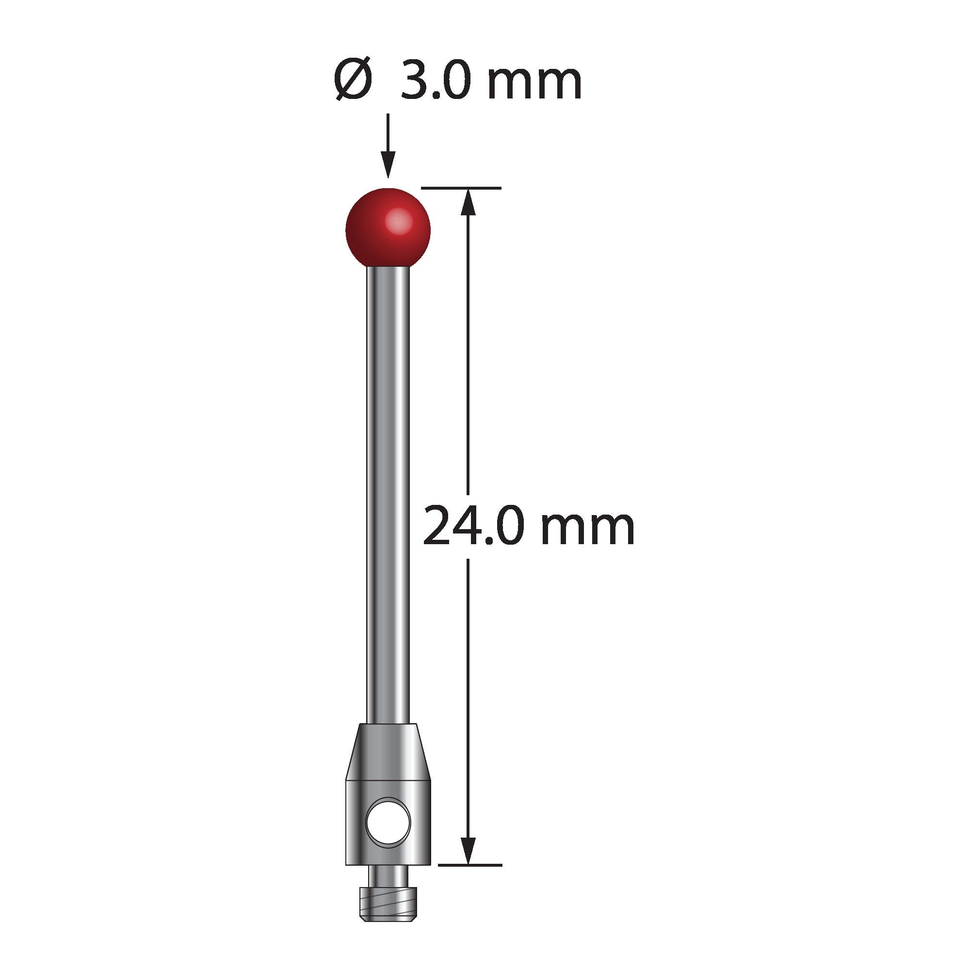 TM2-3024 M2 stylus with 3.0mm ruby ball, carbide stem, and stainless steel base, 24.0mm long by Q-Mark Manufacturing, Inc.