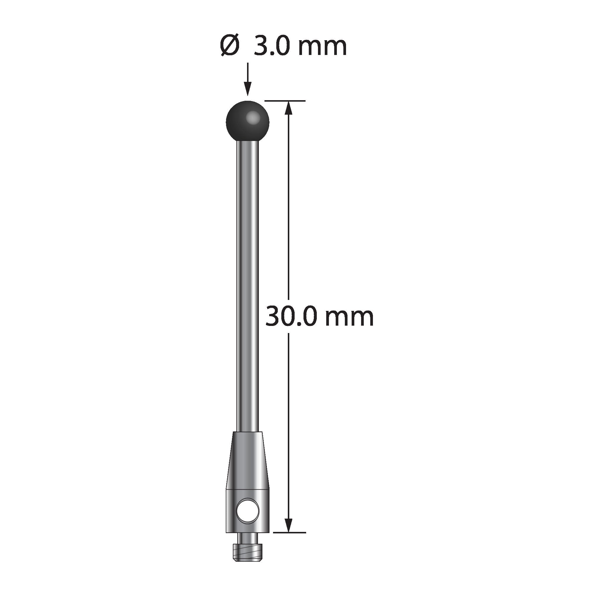 TM2-3030-SN M2 stylus with 3.0mm silicon nitride ball, carbide stem, and stainless steel base, 30.0mm long by Q-Mark Manufacturing, Inc.