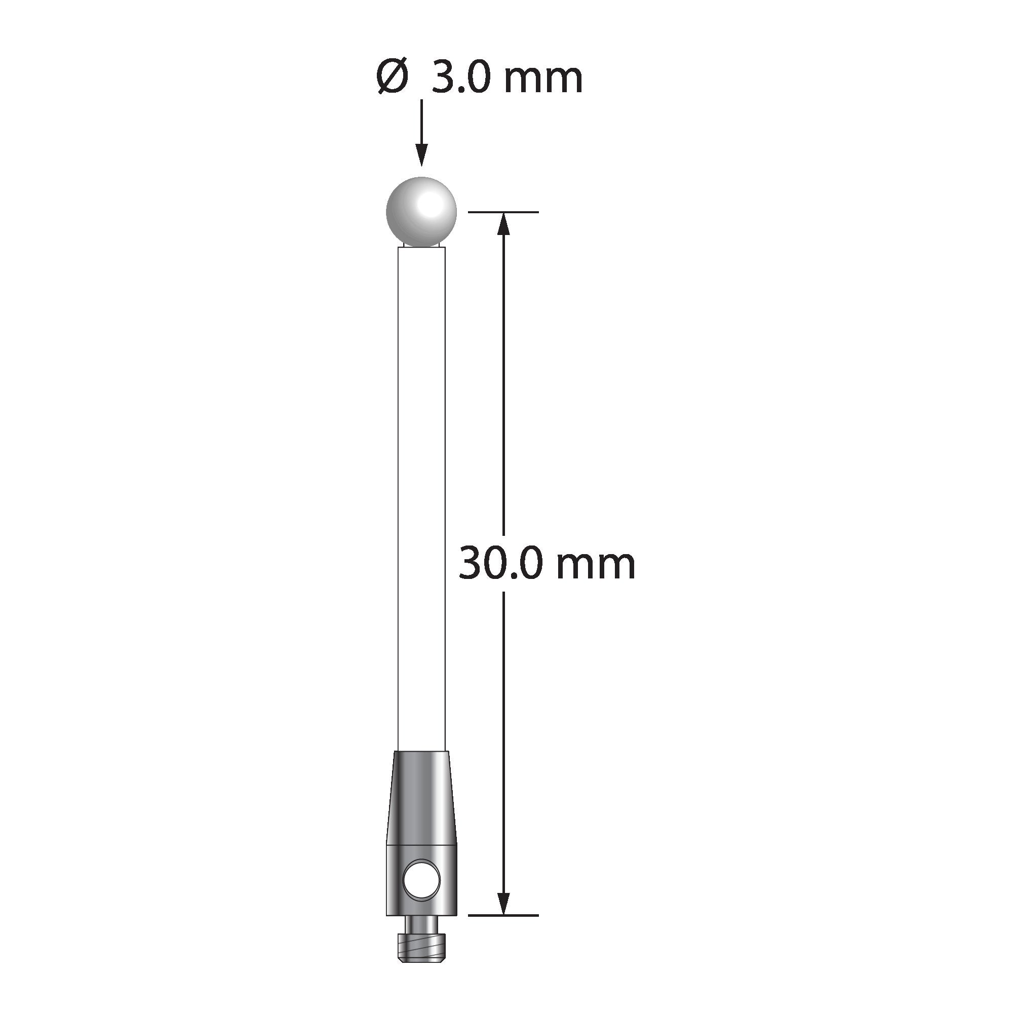 TM2-3031.5-C-Z M2 stylus with 3.0mm zirconia ball, ceramic stem, and stainless steel base, 30.0mm long.
