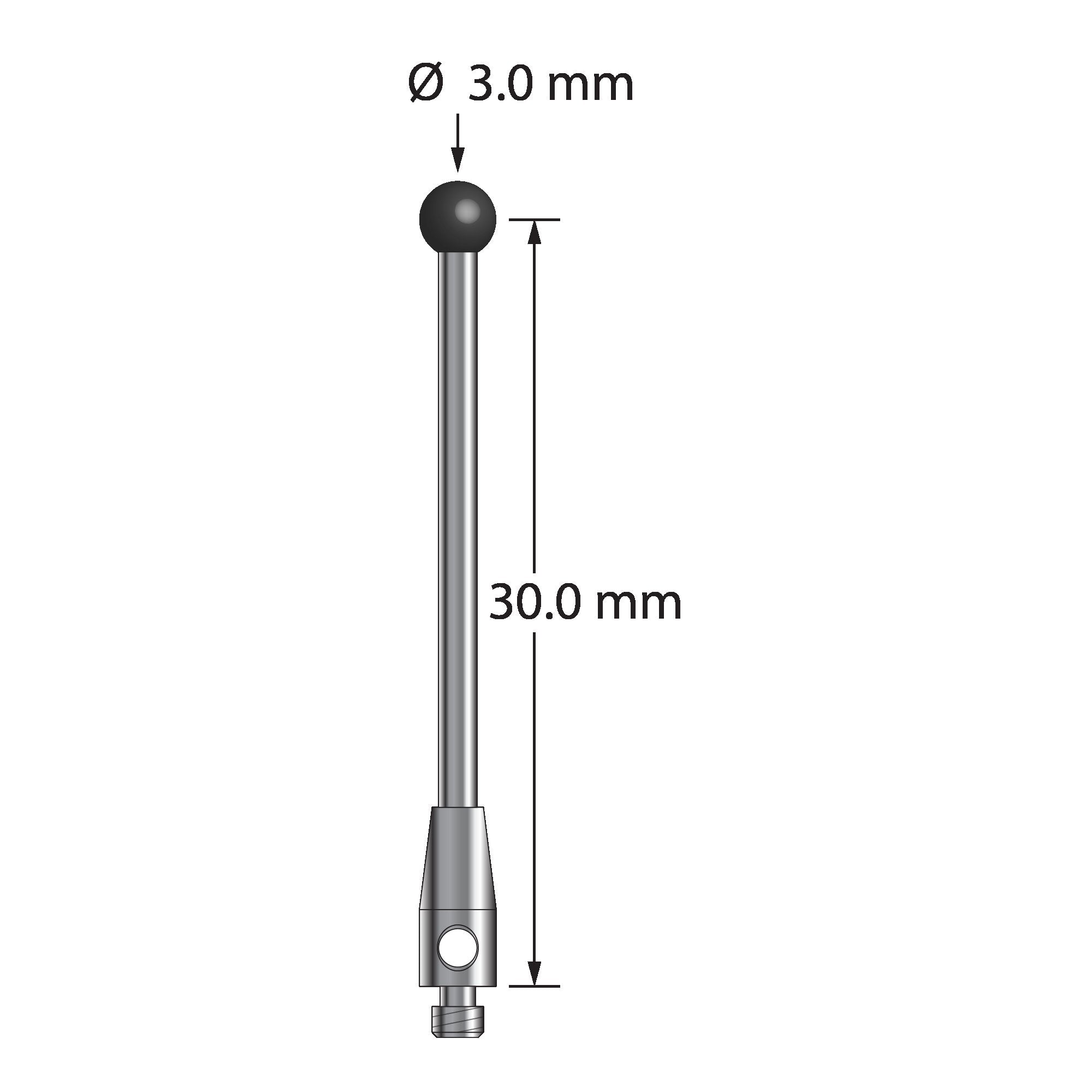 TM2-3031.5-SN M2 stylus with 3.0mm silicon nitride ball, carbide stem, and stainless steel base.