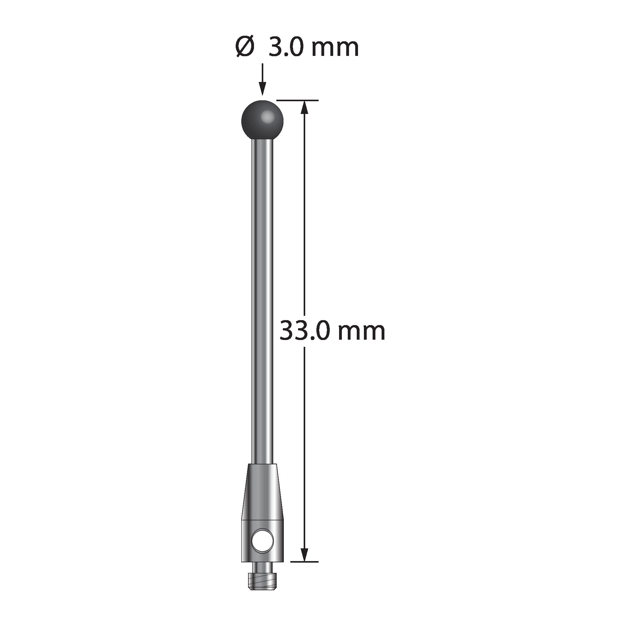 TM2-3033-SN M2 stylus with 3.0mm silicon nitride ball, carbide stem, and stainless steel base, 33.0mm long by Q-Mark Manufacturing, Inc.