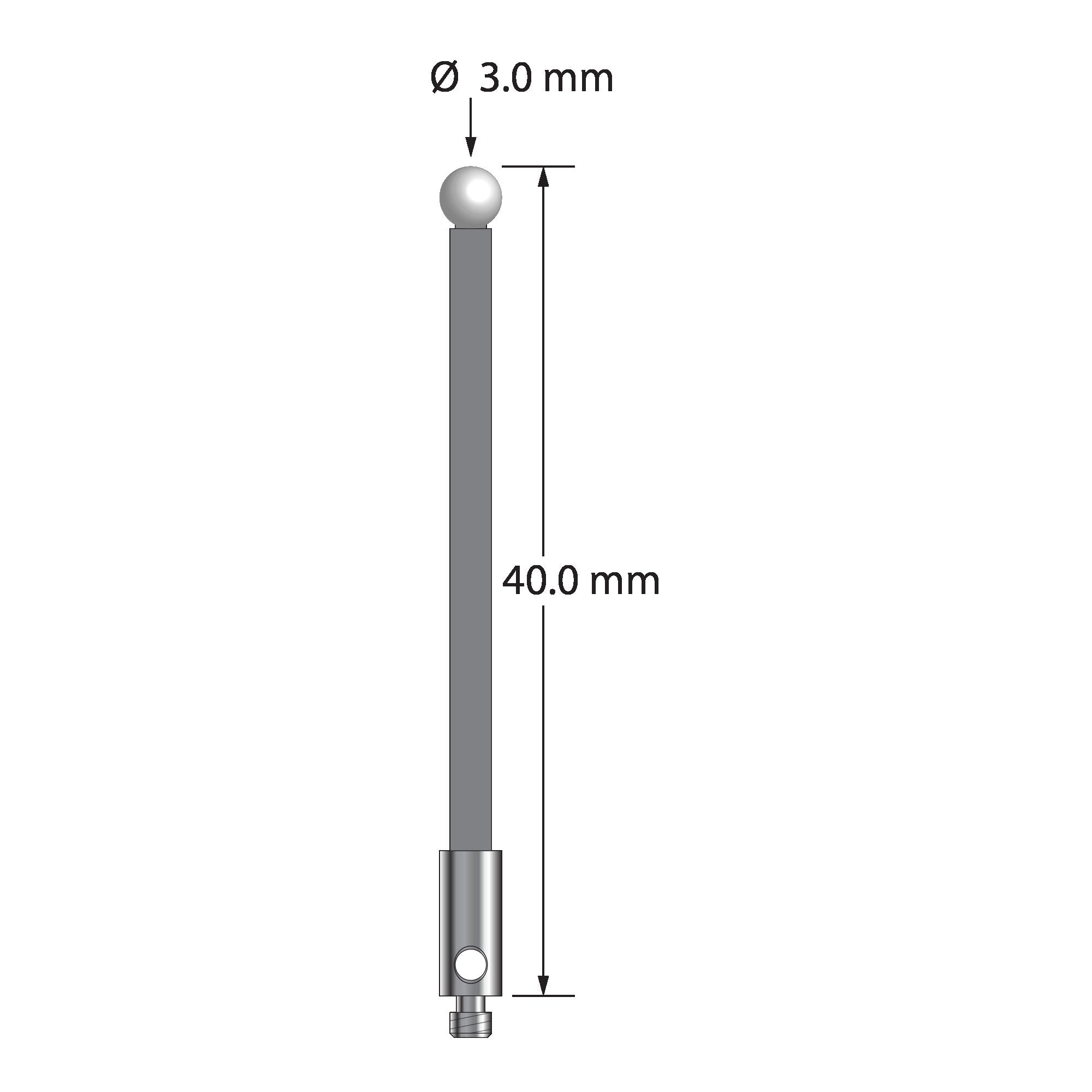TM2-3040-G-Z M2 stylus, 3.0mm zirconia ball, carbon fiber stem, stainless steel base, 40mm long.