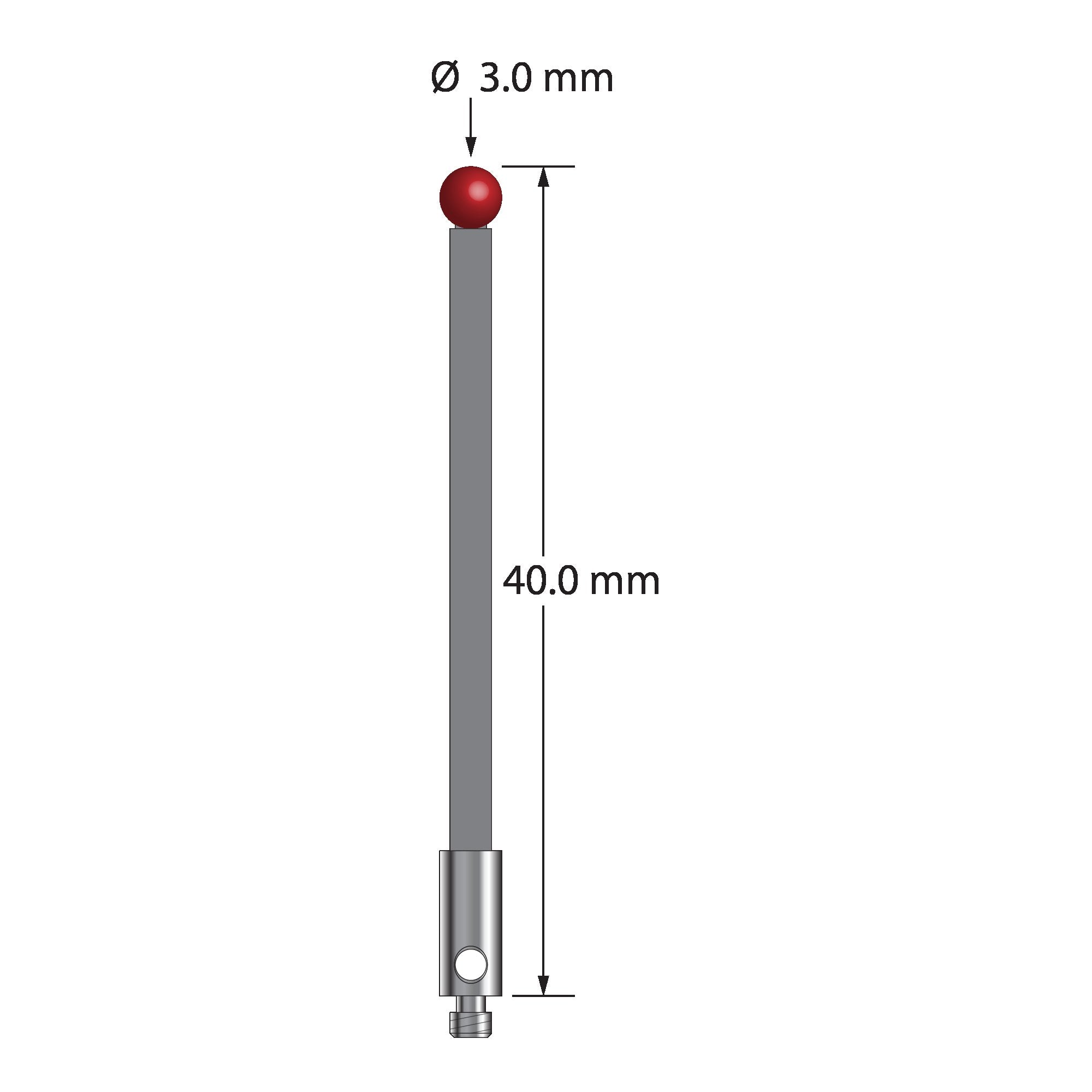 TM2-3040-G M2 stylus with 3.0mm ruby ball, carbon fiber stem, and stainless steel base, 40.0mm long.
