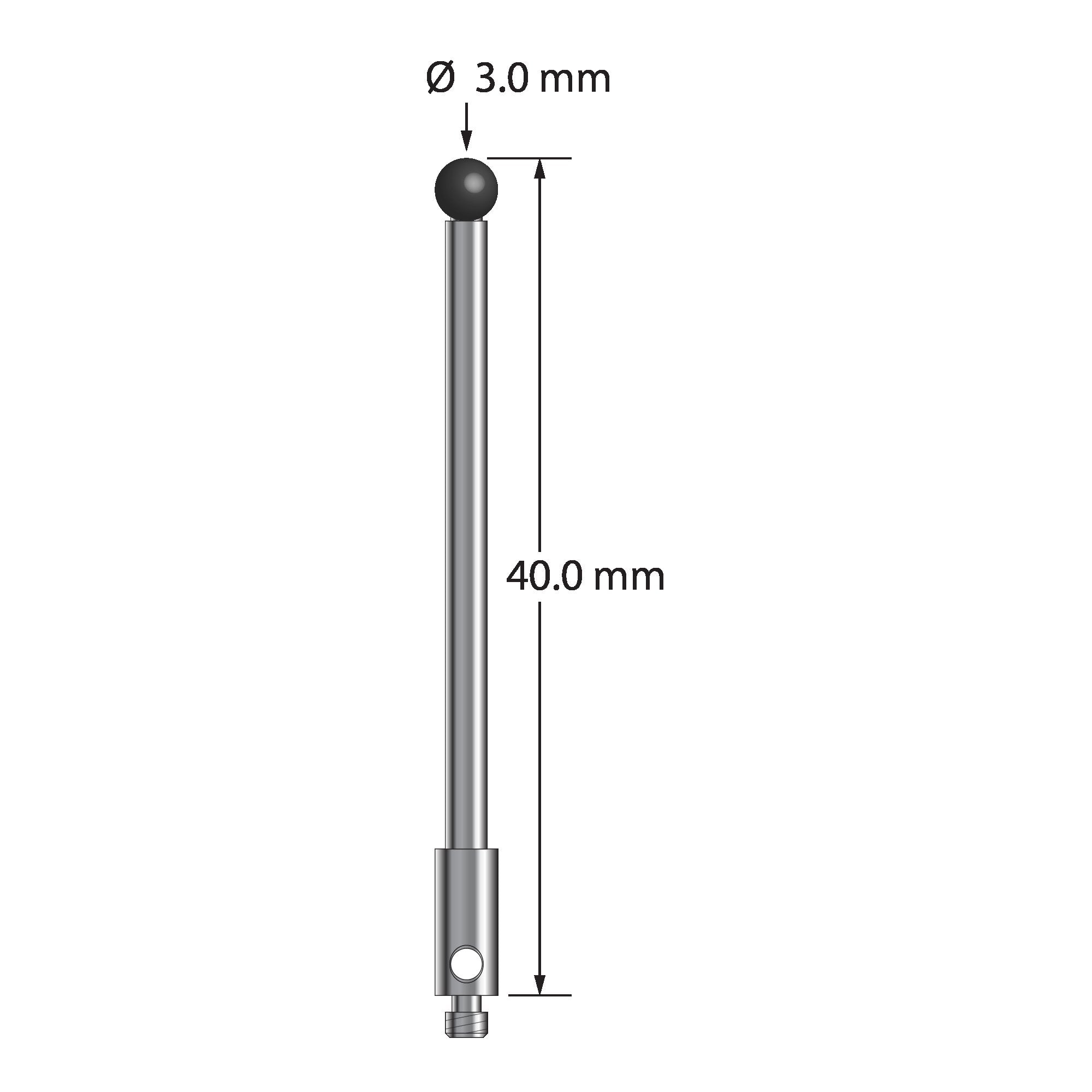 TM2-3040-SN M2 stylus with 3.0mm silicon nitride ball, carbide stem, and stainless steel base, 40.0mm long by Q-Mark Manufacturing, Inc.