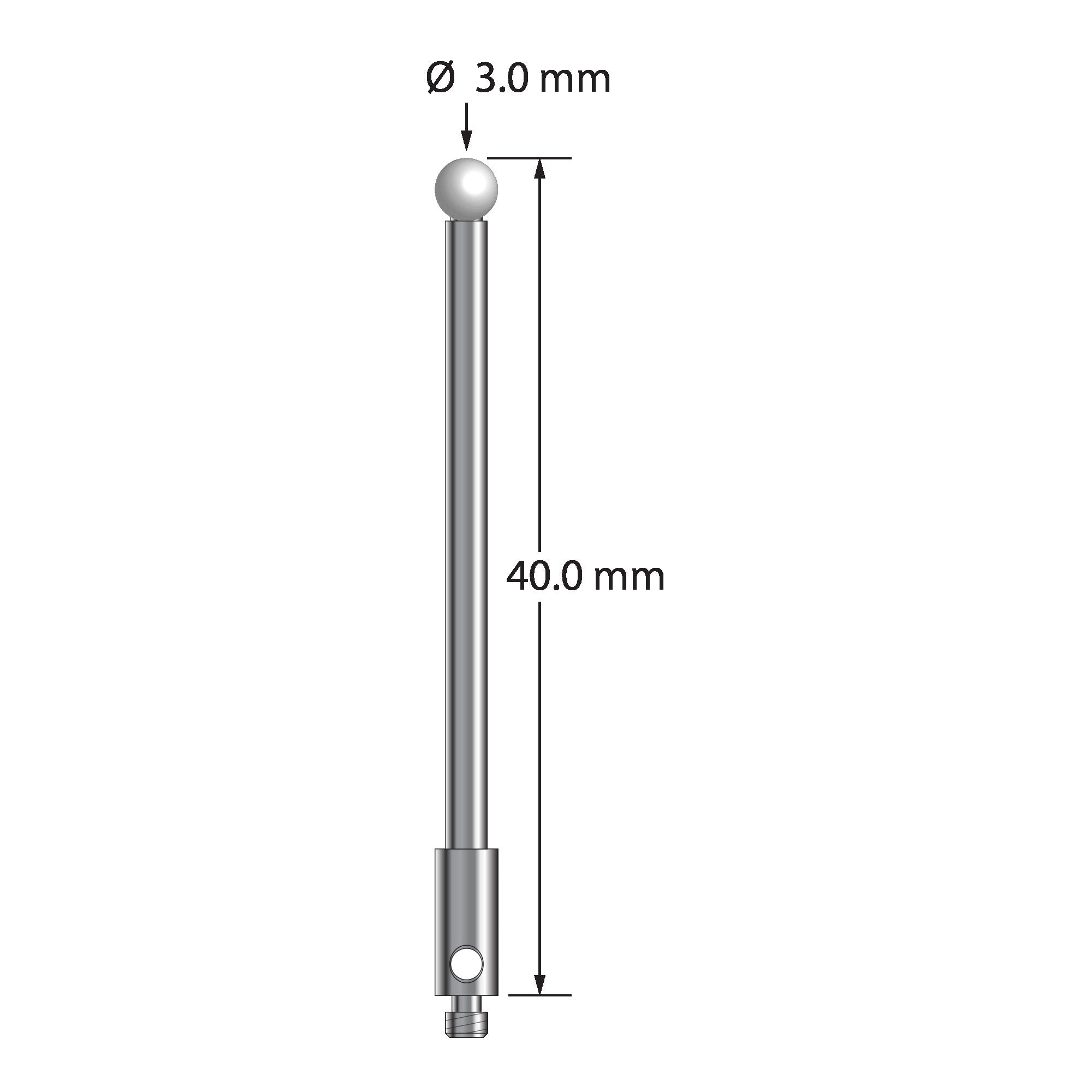 TM2-3040-Z M2 stylus with 3.0mm zirconia ball, carbide stem, and stainless steel base, 40.0mm long by Q-Mark Manufacturing, Inc.