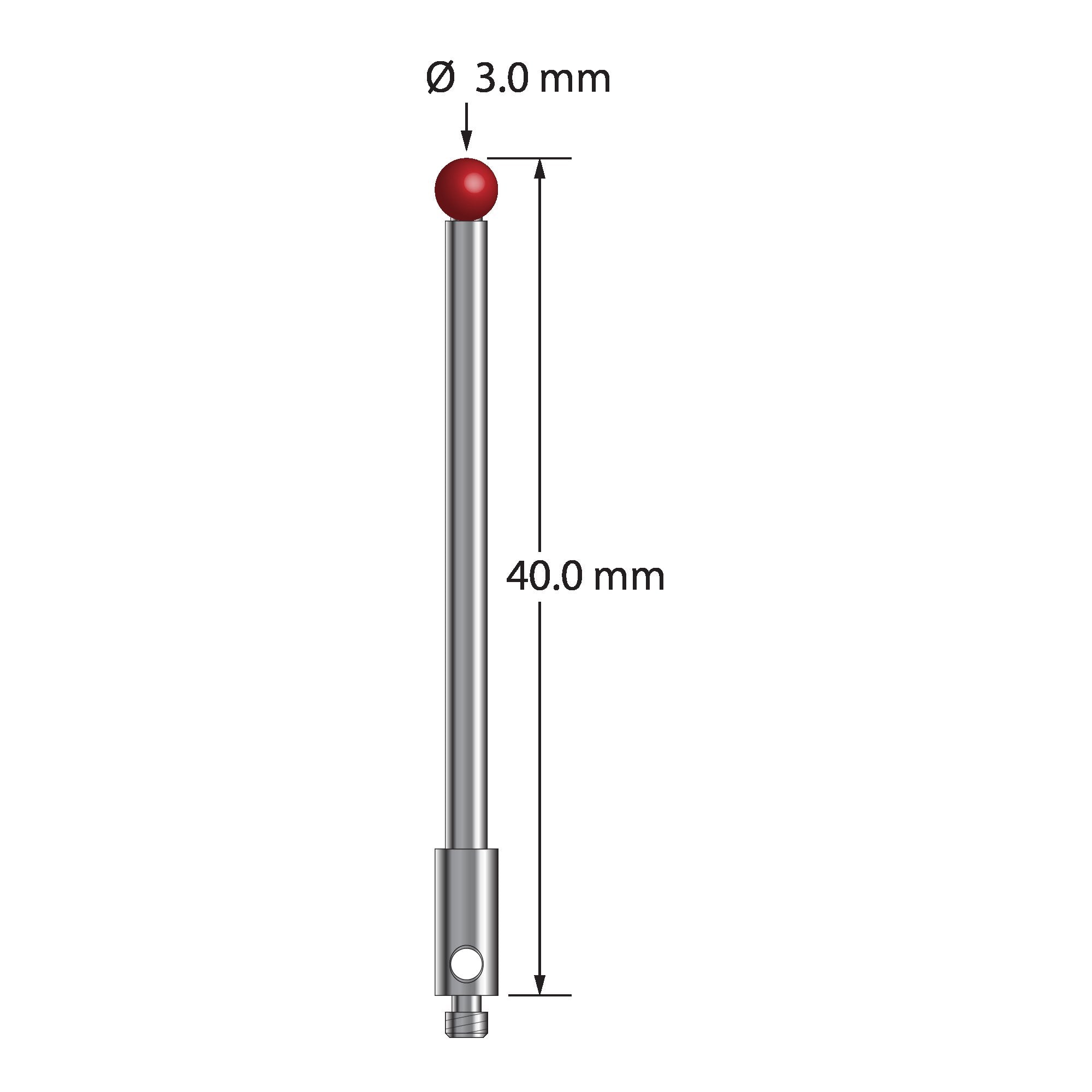 TM2-3040 M2 stylus with 3.0mm ruby ball, carbide stem, and stainless steel base, 40.0mm long by Q-Mark Manufacturing, Inc.
