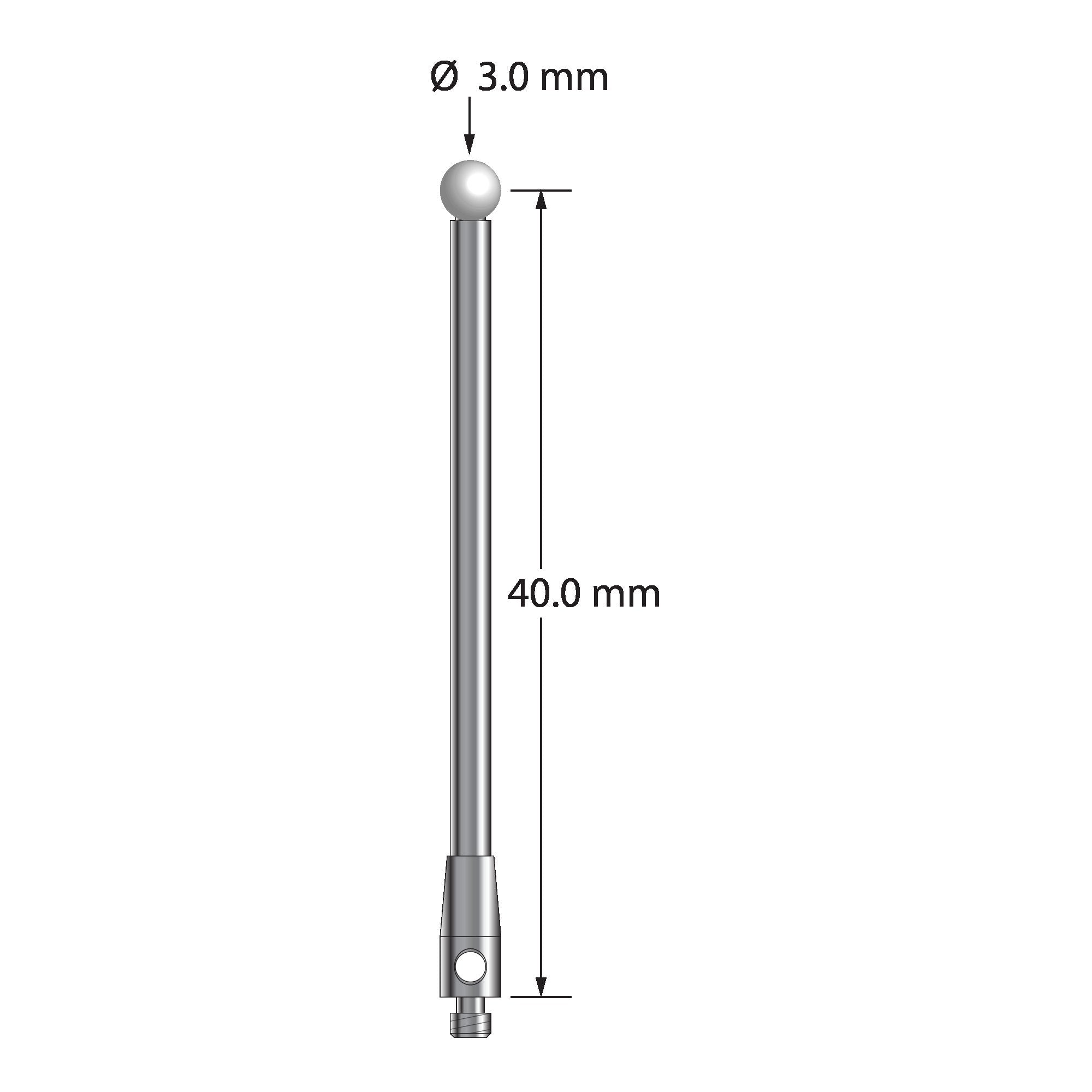 TM2-3041.5-Z M2 stylus with 3.0mm zirconia ball, carbide stem, and stainless steel base, 40.0mm long.