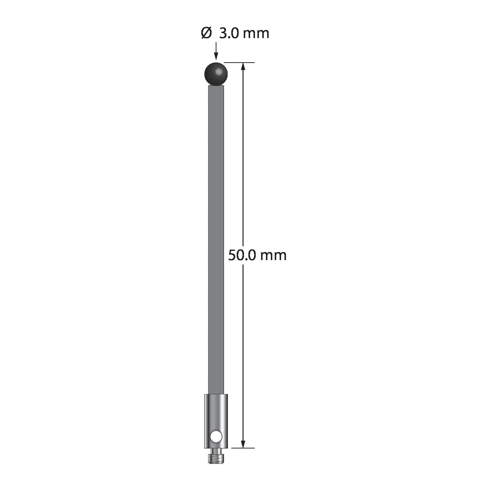 TM2-3050-G-SN M2 stylus with 3.0mm silicon nitride ball, carbon fiber stem, and stainless steel base, 50mm long.