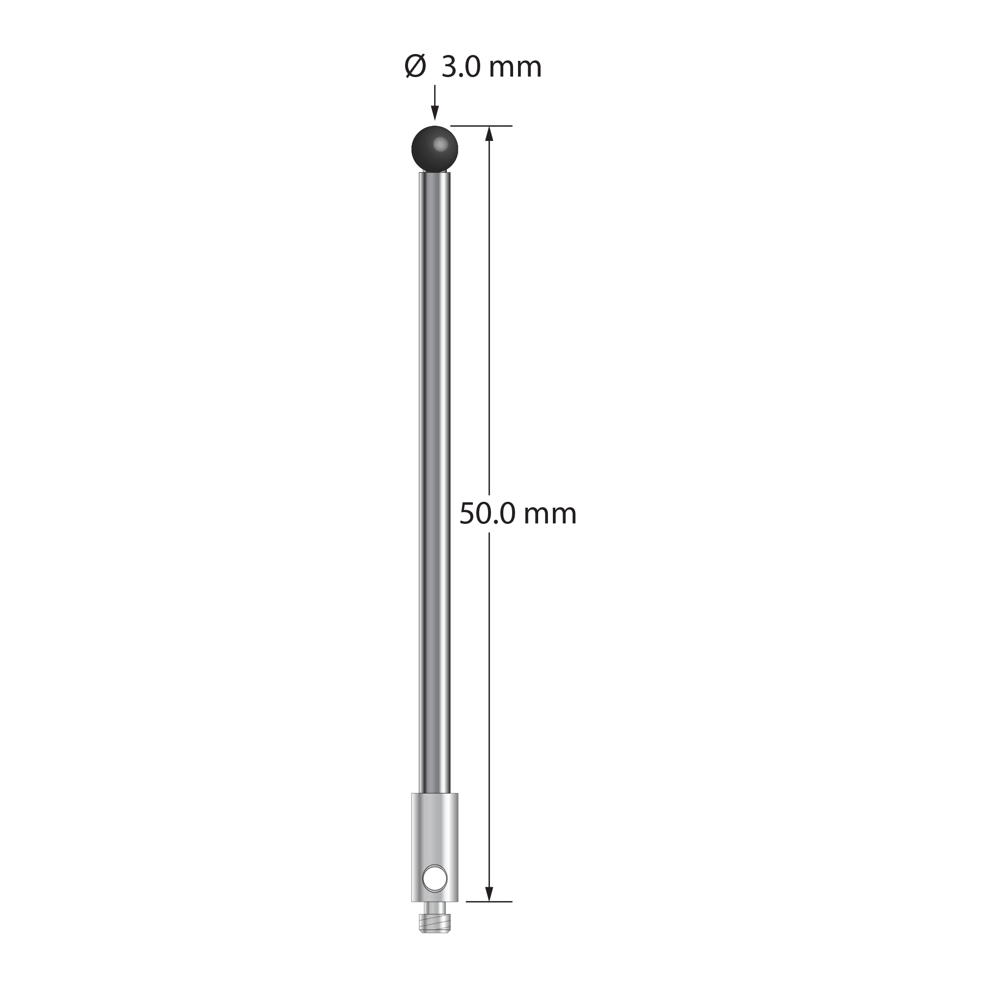 TM2-3050-SN M2 stylus with 3.0mm silicon nitride ball, carbide stem, and stainless steel base, 50mm long by Q-Mark Manufacturing, Inc.