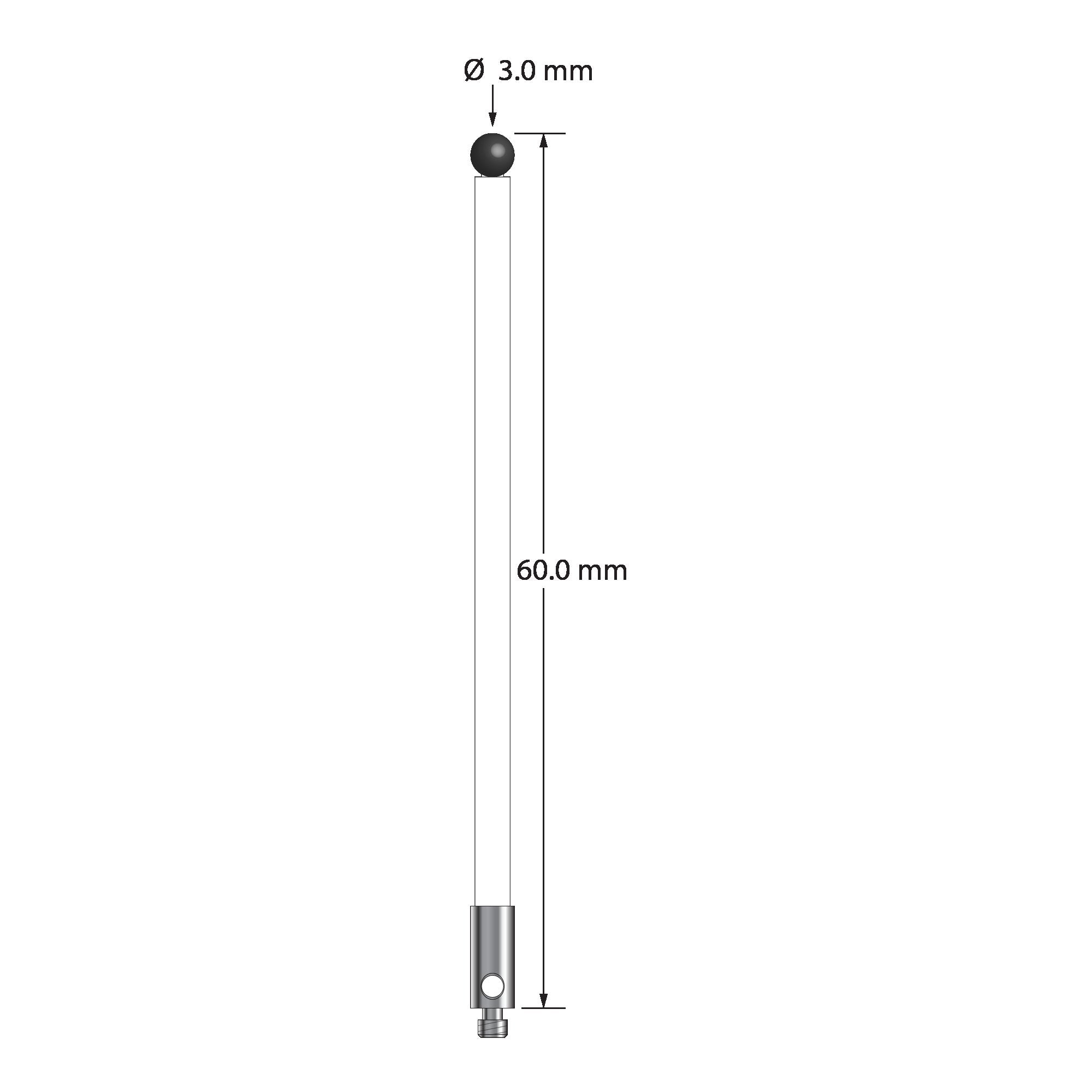 TM2-3060-C-SN M2 stylus with 3.0mm silicon nitride ball, ceramic stem, and stainless steel base, 60.0mm long by Q-Mark Manufacturing, Inc.