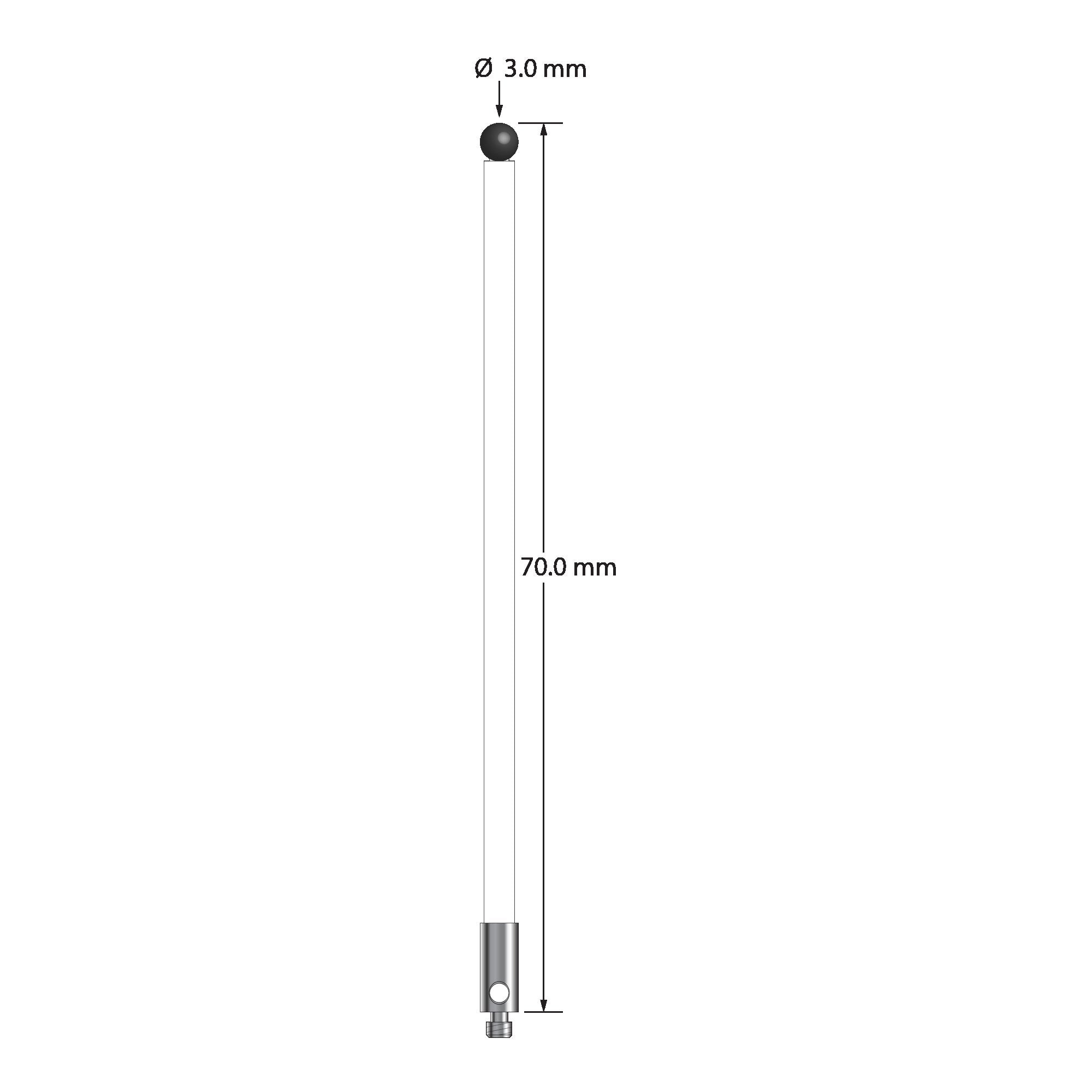 TM2-3070-C-SN M2 stylus with 3.0mm silicon nitride ball, ceramic stem, and stainless steel base, 70mm long.