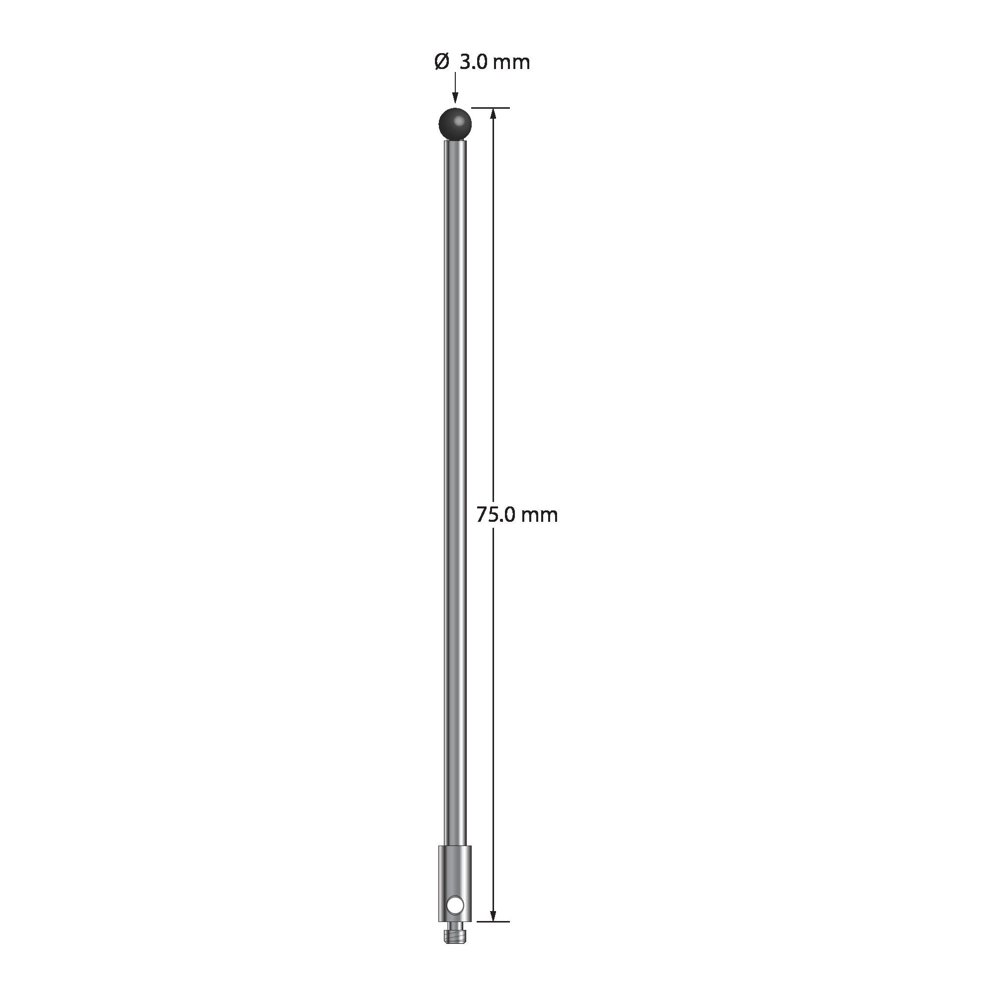 TM2-3075-SN M2 stylus with 3.0mm silicon nitride ball, carbide stem, and stainless steel base, 75mm long.