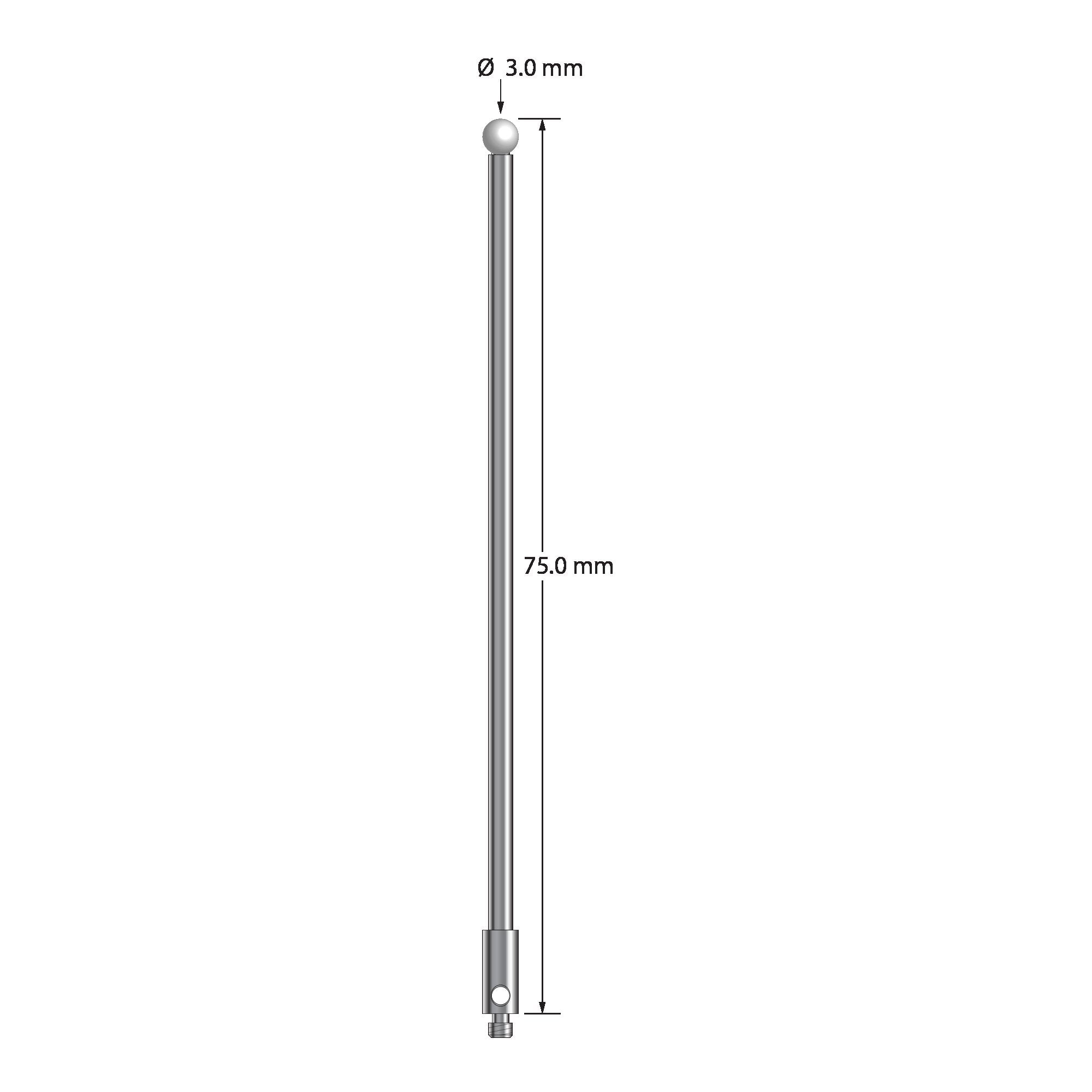 TM2-3075-Z M2 stylus with 3.0mm zirconia ball, carbide stem, and stainless steel base, 75.0mm long.