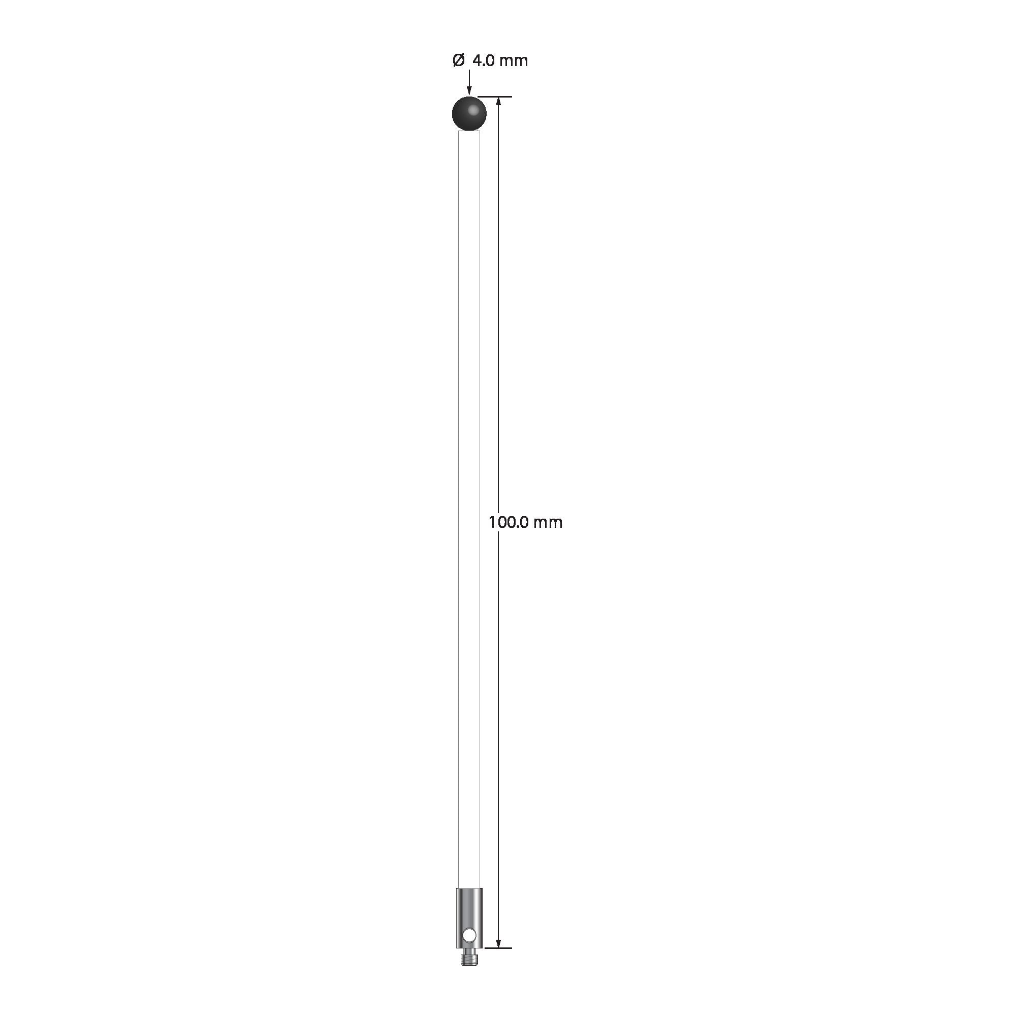 TM2-40100-C-SN M2 stylus with 4.0mm silicon nitride ball, ceramic stem, and stainless steel base, 100mm long.