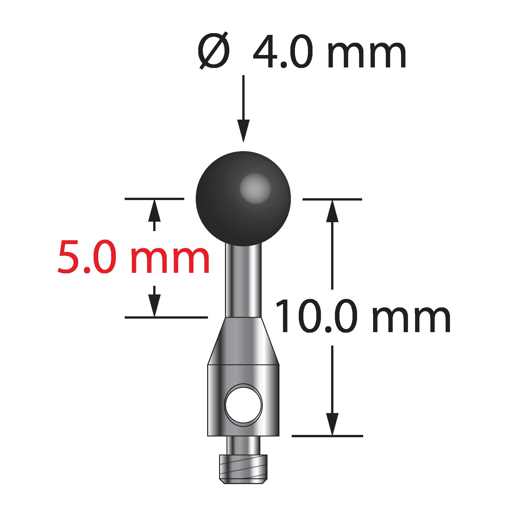 TM2-4012-S-SN M2 stylus with 4.0mm silicon nitride ball and stainless steel stem, 10.0mm long.