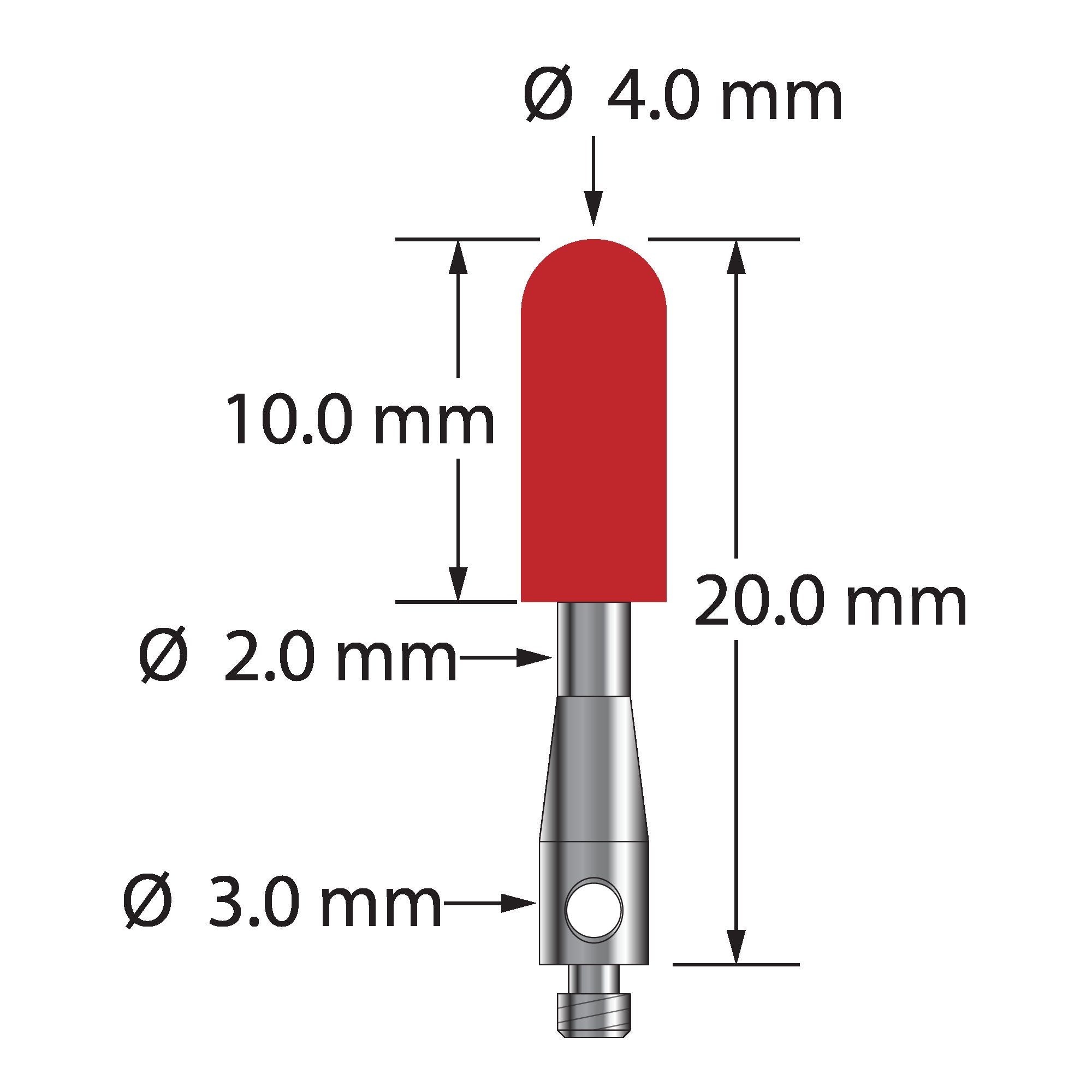 TM2-4020-B M2 stylus with 4.0mm ruby cylinder and stainless steel base, 20.0mm long by Q-Mark Manufacturing, Inc.