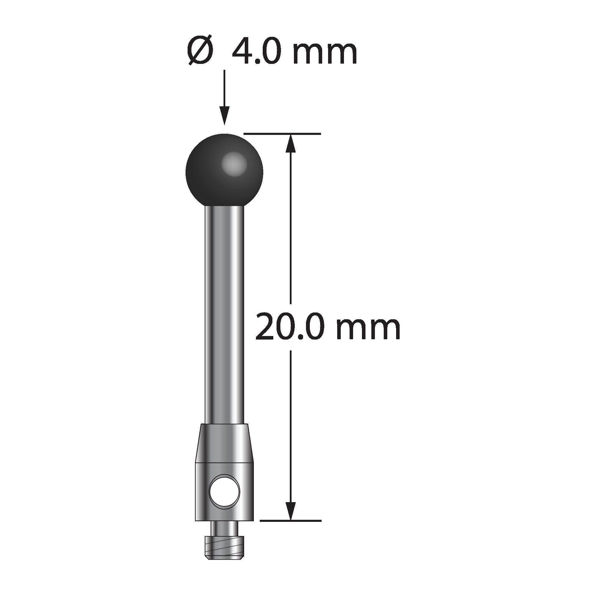 TM2-4020-SN M2 stylus with 4.0mm silicon nitride ball, carbide stem, and stainless steel base, 20.0mm long by Q-Mark Manufacturing, Inc.