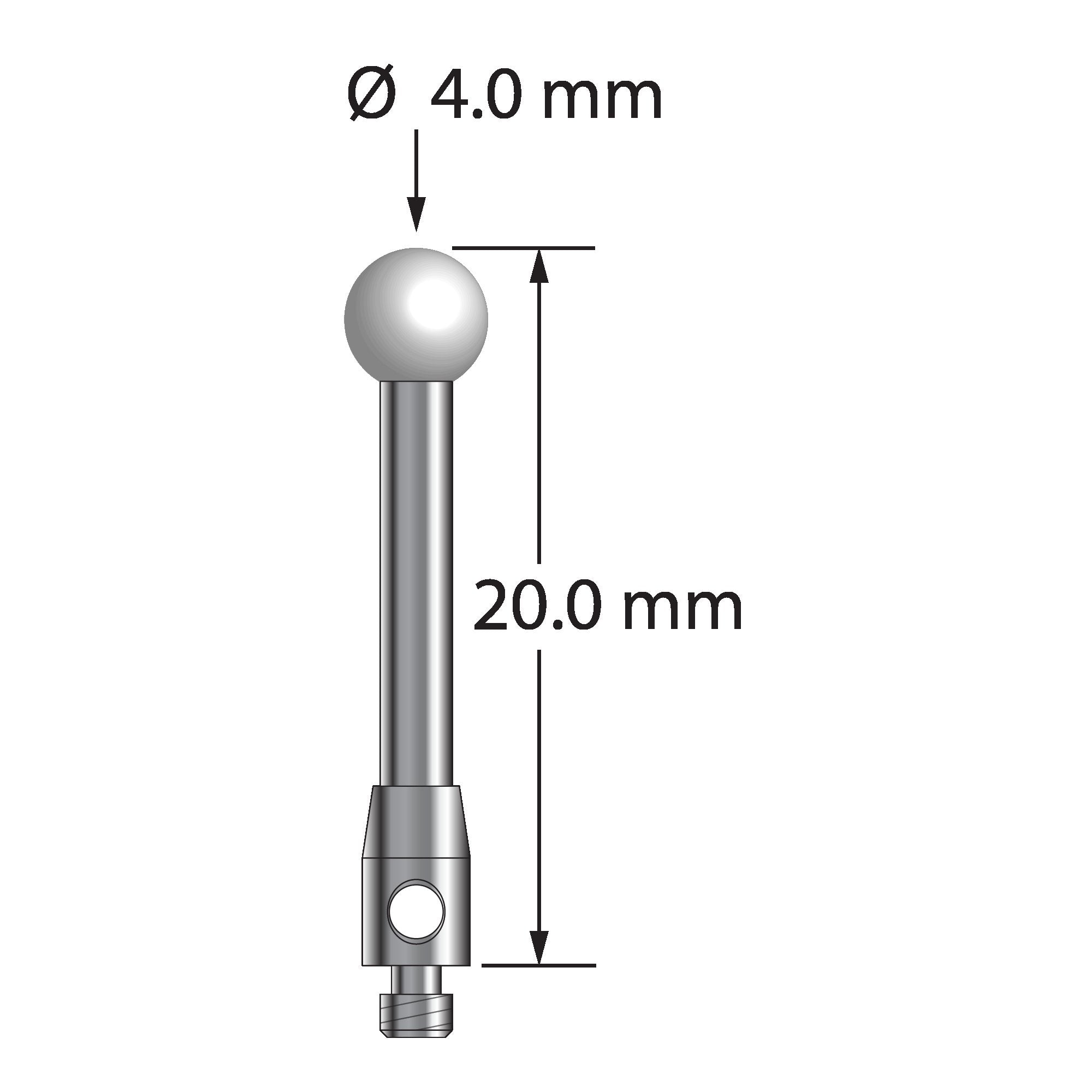 TM2-4020-Z M2 stylus with 4.0mm zirconia ball, carbide stem, and stainless steel base, 20.0mm long by Q-Mark Manufacturing, Inc.