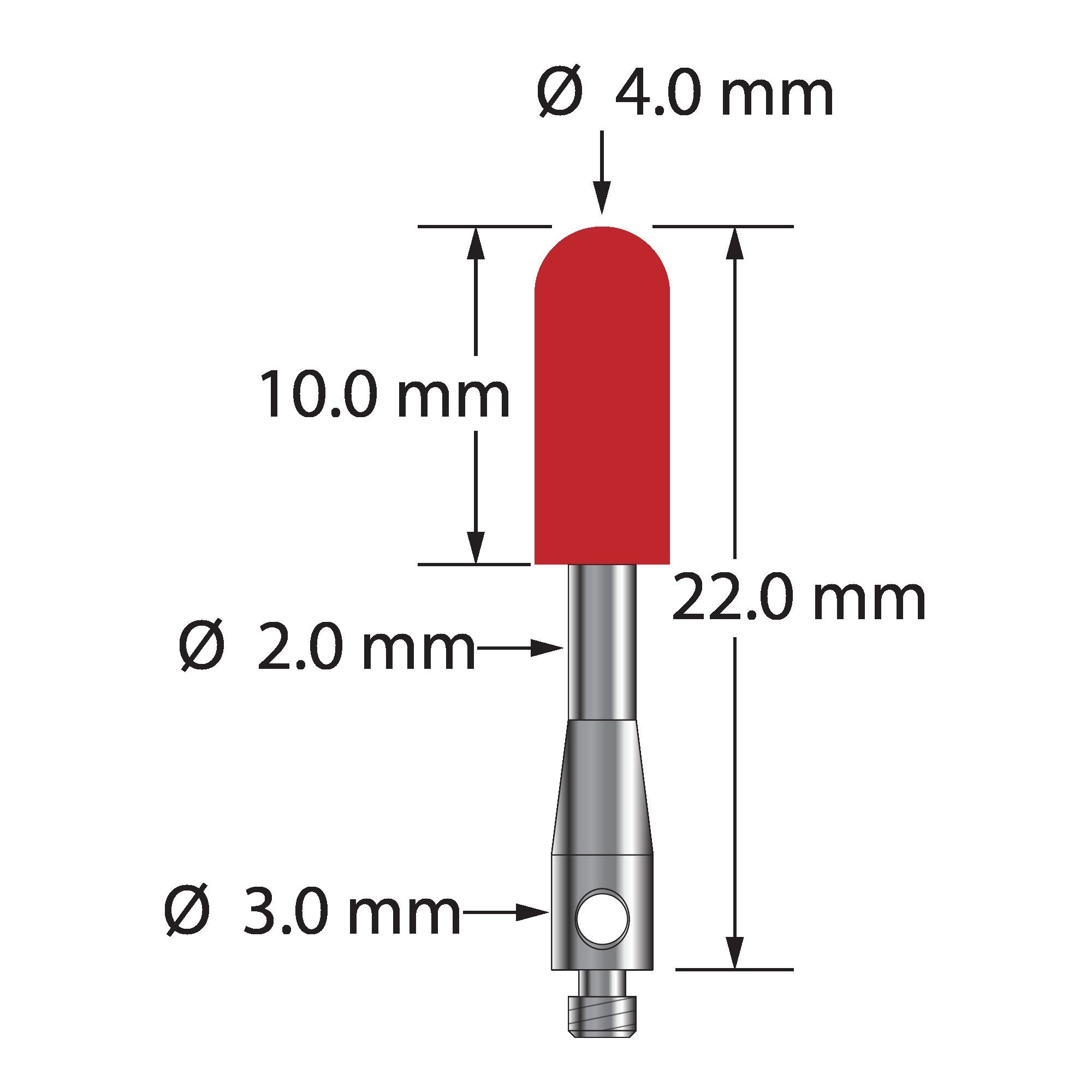 TM2-4022-B M2 stylus with 4.0mm ruby cylinder and stainless steel base, 20.0mm long, by Q-Mark Manufacturing, Inc.