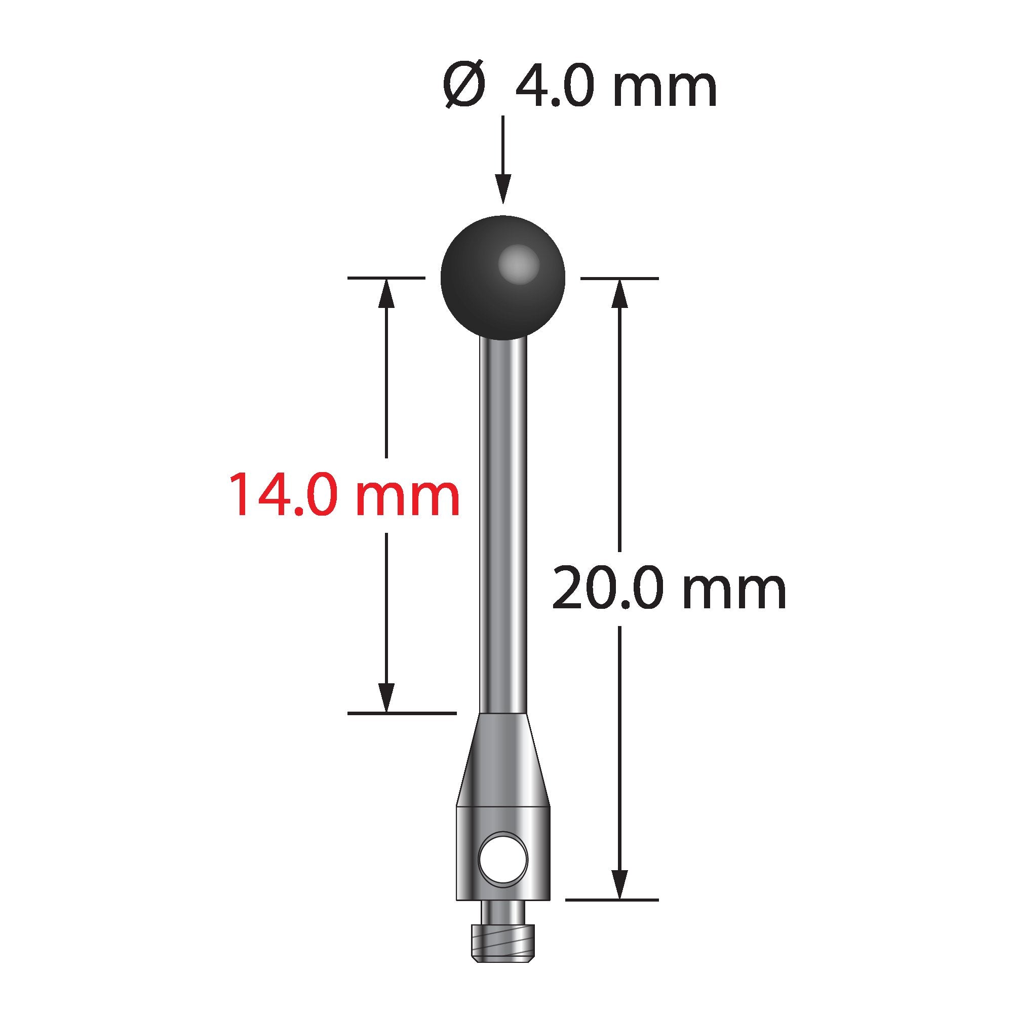 TM2-4022-S-SN M2 stylus with 4.0mm silicon nitride ball and stainless steel stem, 20.0mm long.