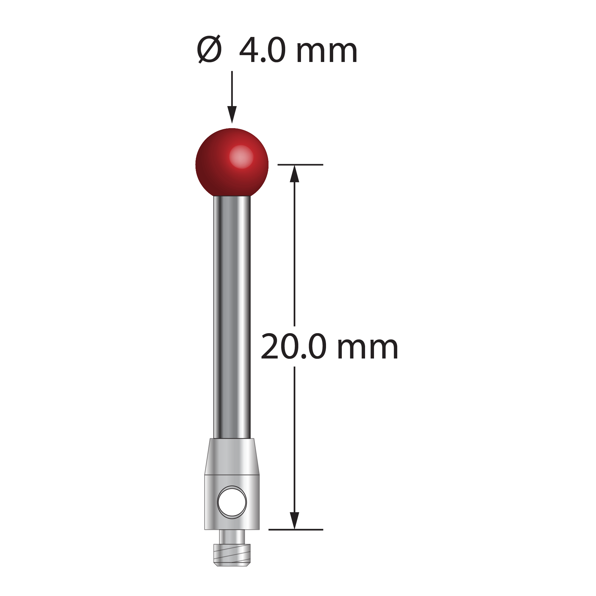 TM2-4022 M2 stylus with 4.0mm ruby ball, carbide stem, and stainless steel base, 20.0mm long by Q-Mark Manufacturing, Inc.