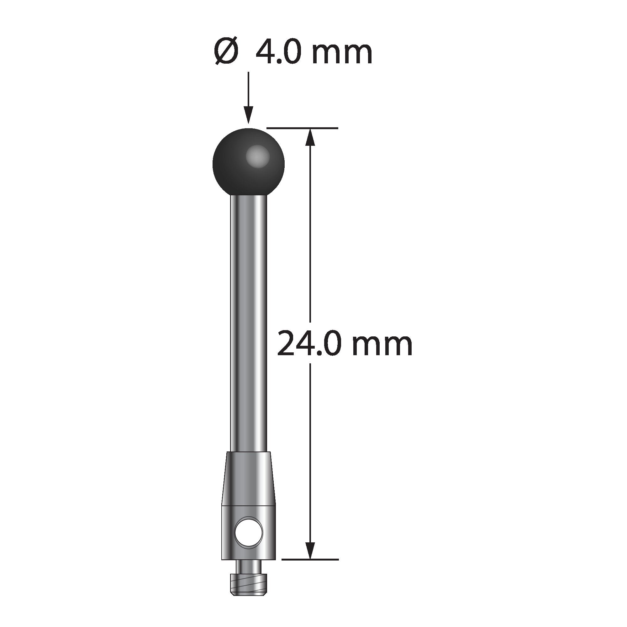 TM2-4024-SN M2 stylus with 4.0mm silicon nitride ball, carbide stem, and stainless steel base, 24.0mm long by Q-Mark Manufacturing, Inc.