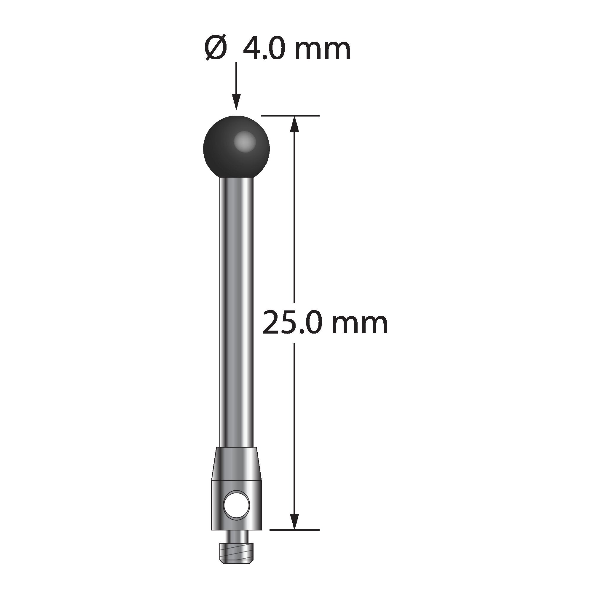 TM2-4025-SN M2 stylus with 4.0mm silicon nitride ball, carbide stem, and stainless steel base.