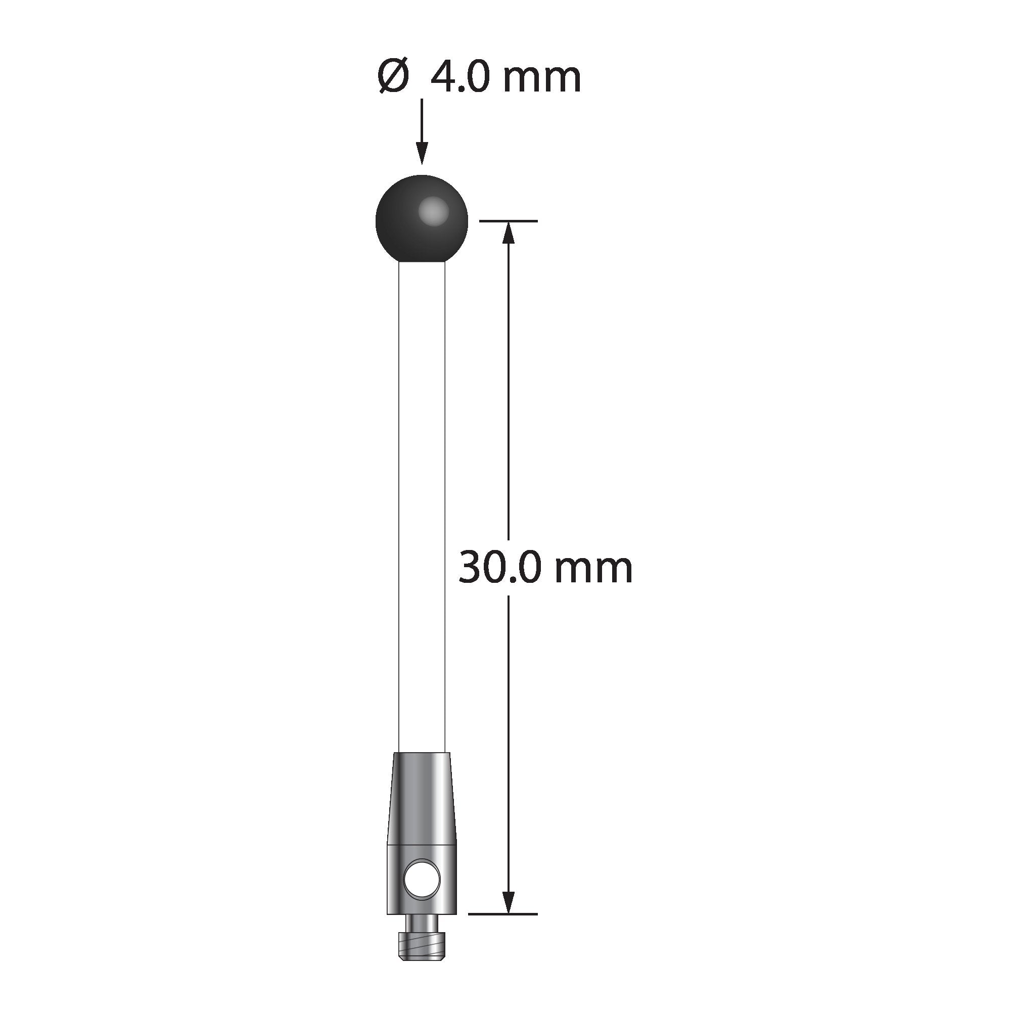 TM2-4032-C-SN M2 stylus with 4.0mm silicon nitride ball, ceramic stem, and stainless steel base.
