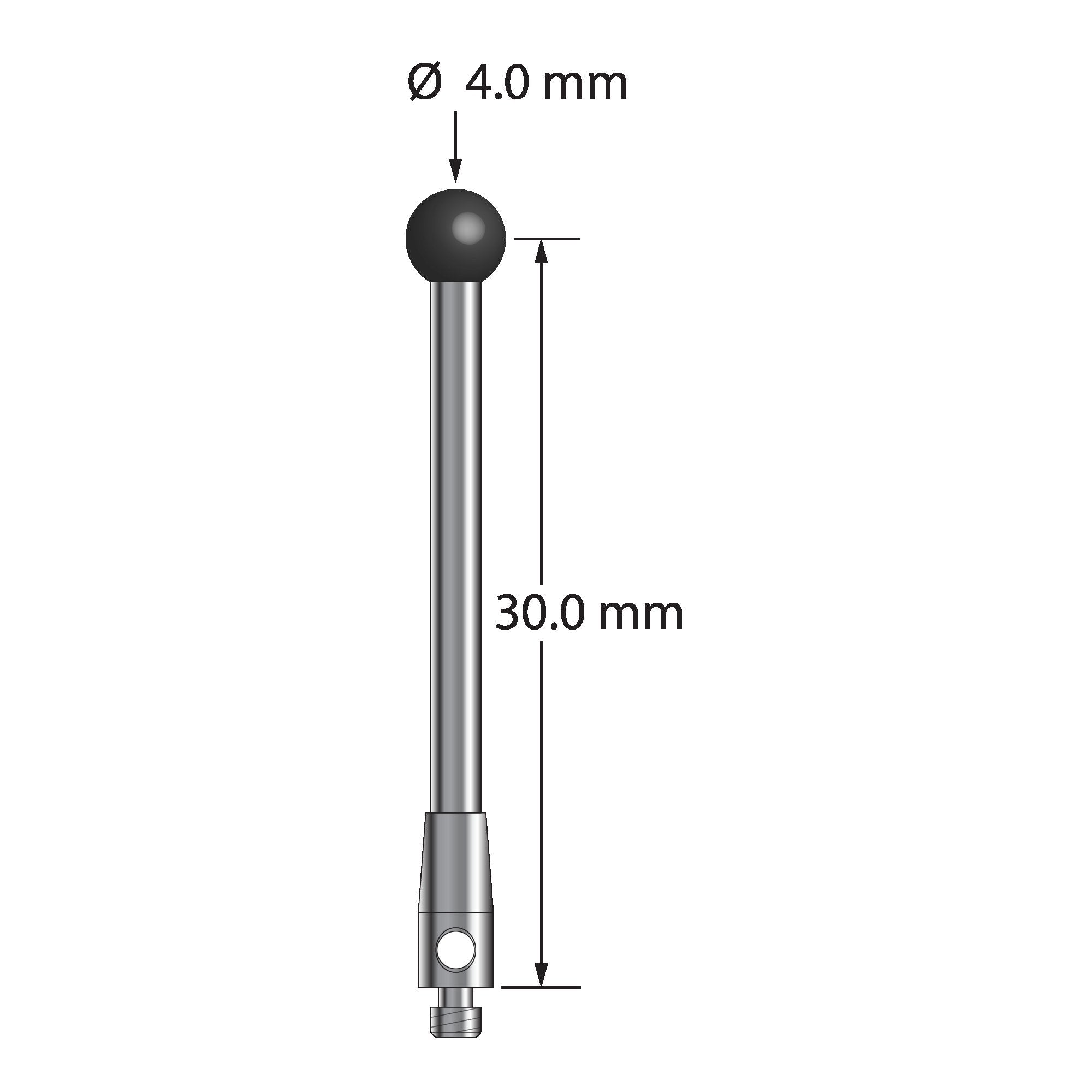 TM2-4032-SN M2 stylus with 4.0mm silicon nitride ball, carbide stem, and stainless steel base, 30mm long.