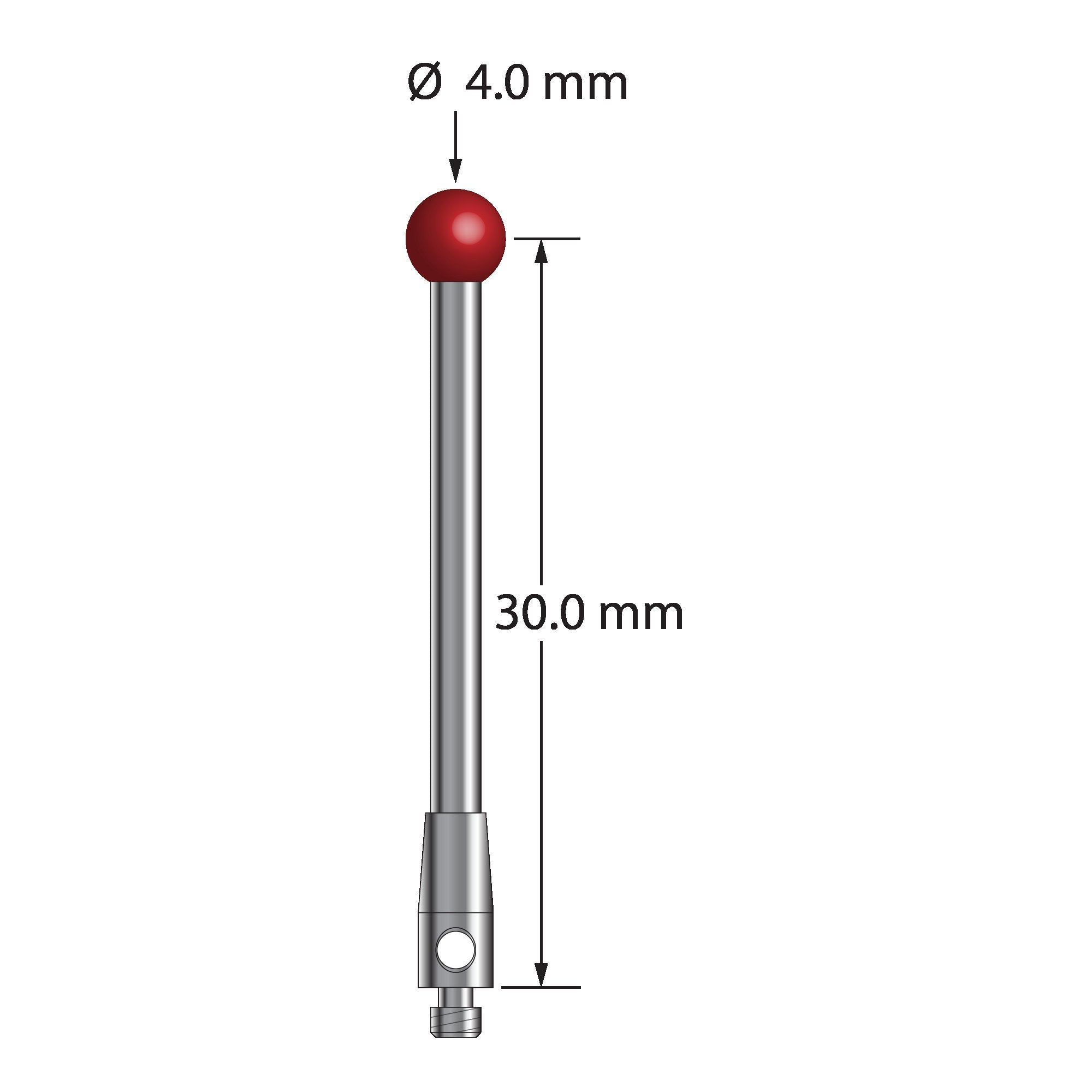 TM2-4032 M2 stylus with 4.0mm ruby ball, carbide stem, and stainless steel base.
