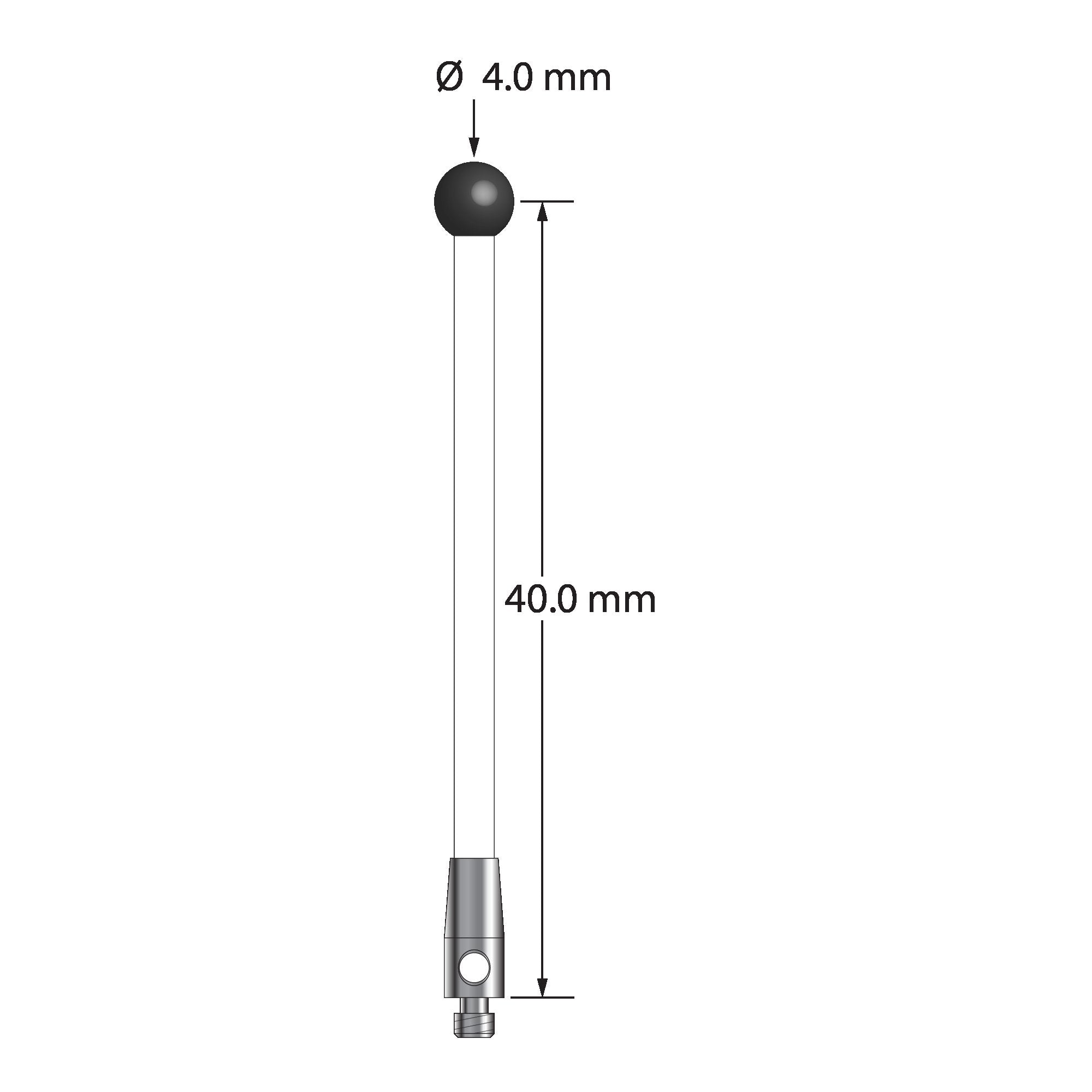 TM2-4042-C-SN M2 stylus with 4.0mm silicon nitride ball, ceramic stem, and stainless steel base, 40.0mm long.