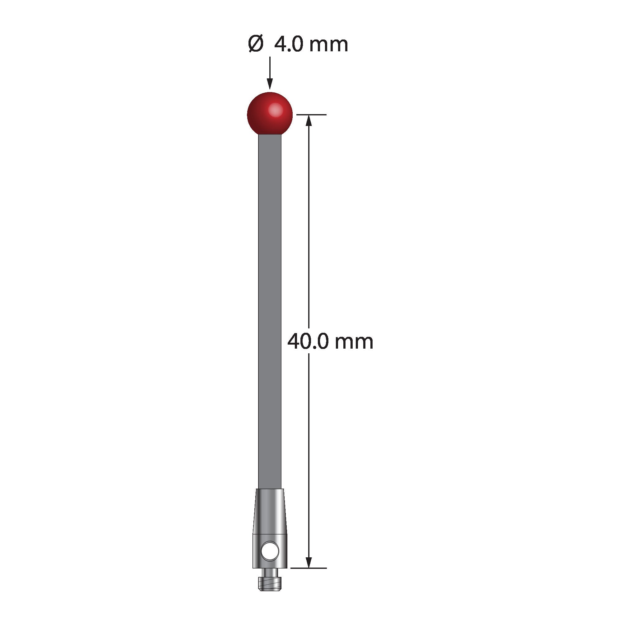 TM2-4042-G M2 stylus with 4.0mm ruby ball, carbon fiber stem, and stainless steel base, 40mm long.