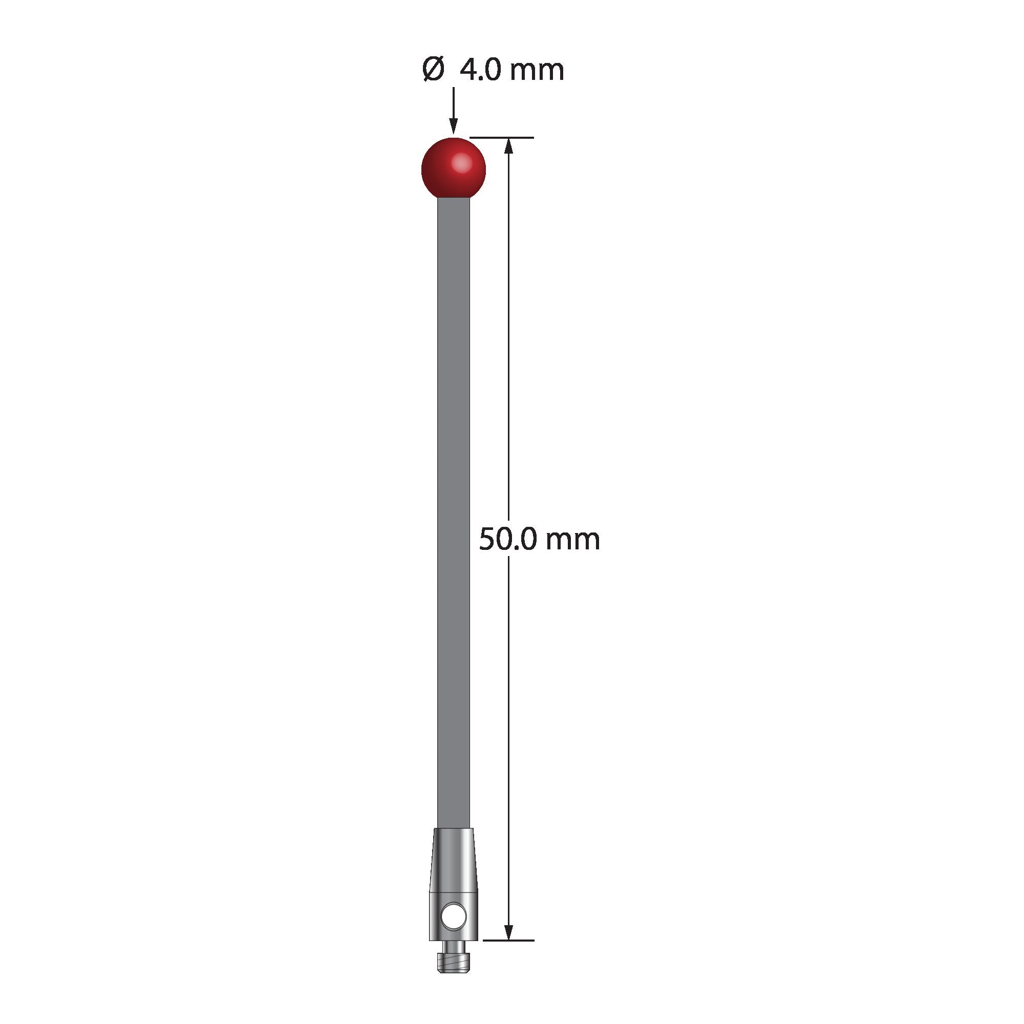 TM2-4050-G M2 stylus with 4.0mm ruby ball, carbon fiber stem, and stainless steel base, 50mm long.
