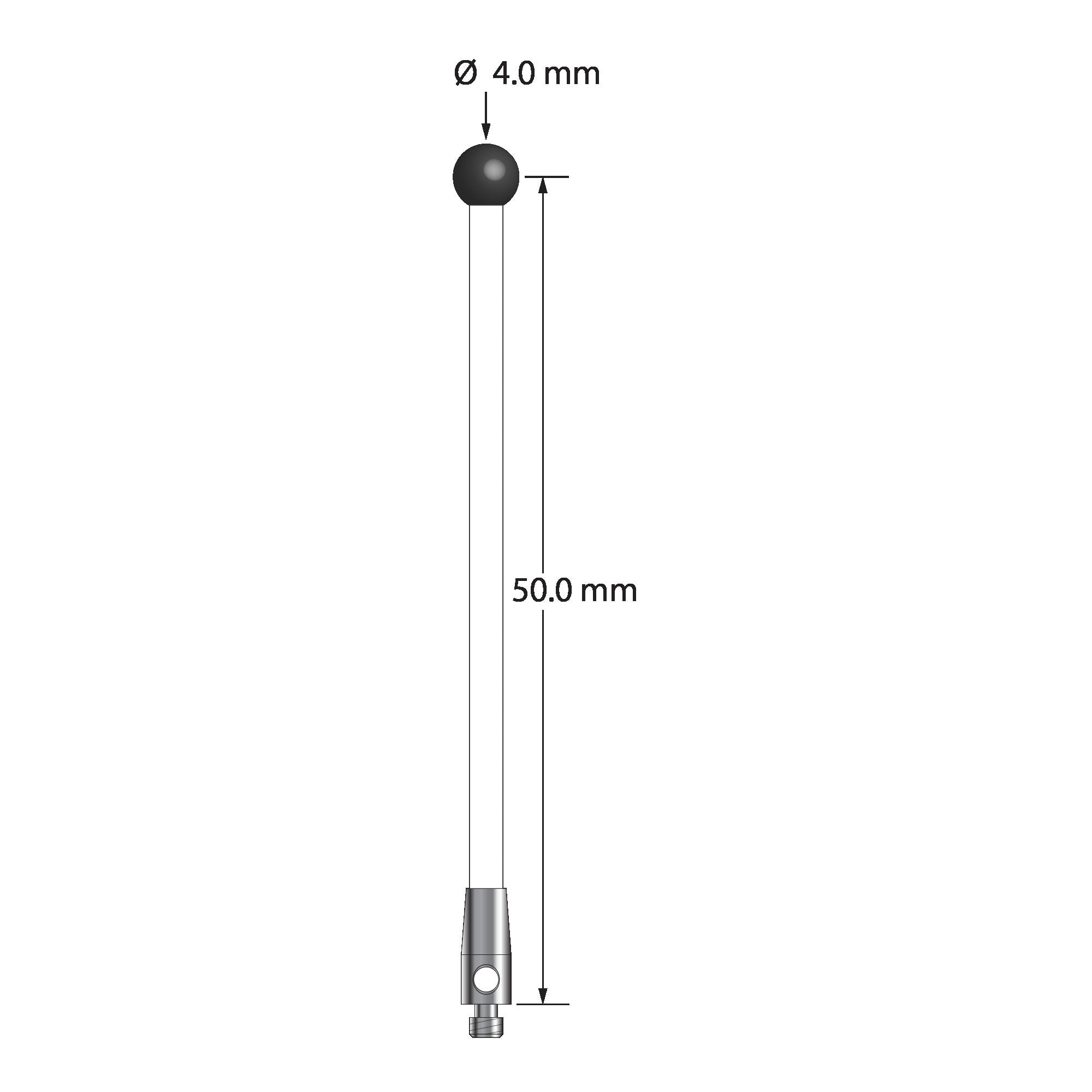 TM2-4052-C-SN M2 stylus with 4.0mm silicon nitride ball, ceramic stem, and stainless steel base.