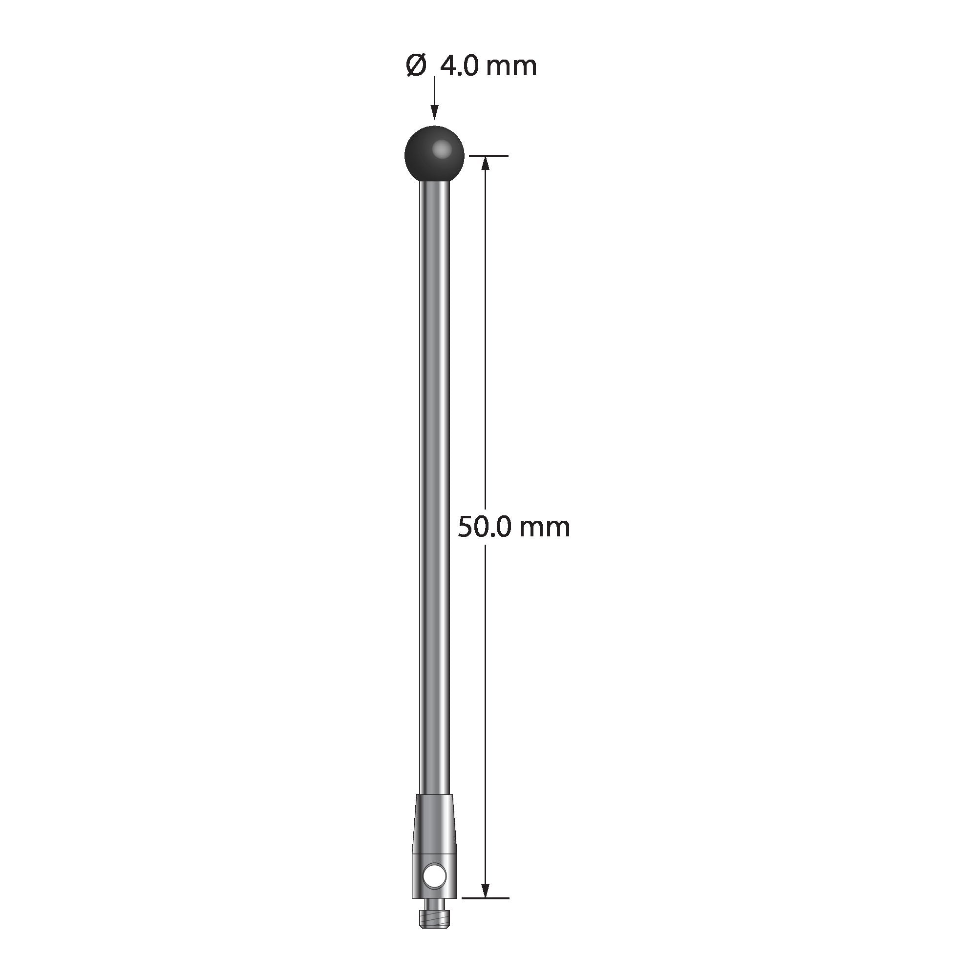 TM2-4052-SN M2 stylus with 4.0mm silicon nitride ball, carbide stem, and stainless steel base, 50mm long.