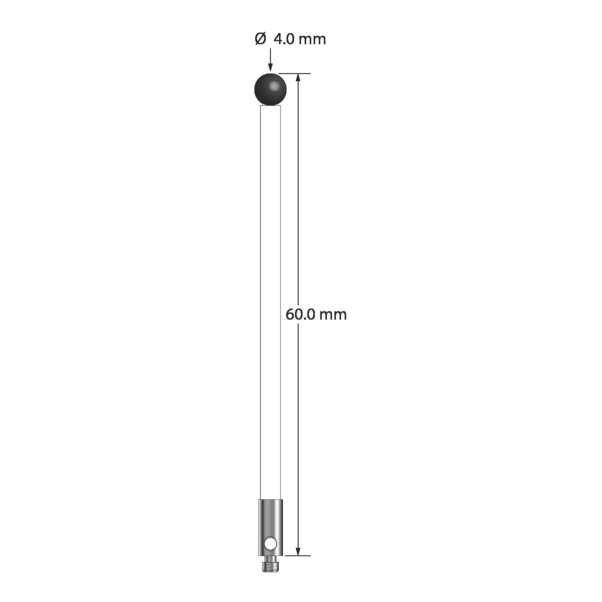 TM2-4060-C-SN M2 stylus with 4.0mm silicon nitride ball, ceramic stem, and stainless steel base, 60.0mm long by Q-Mark Manufacturing, Inc.