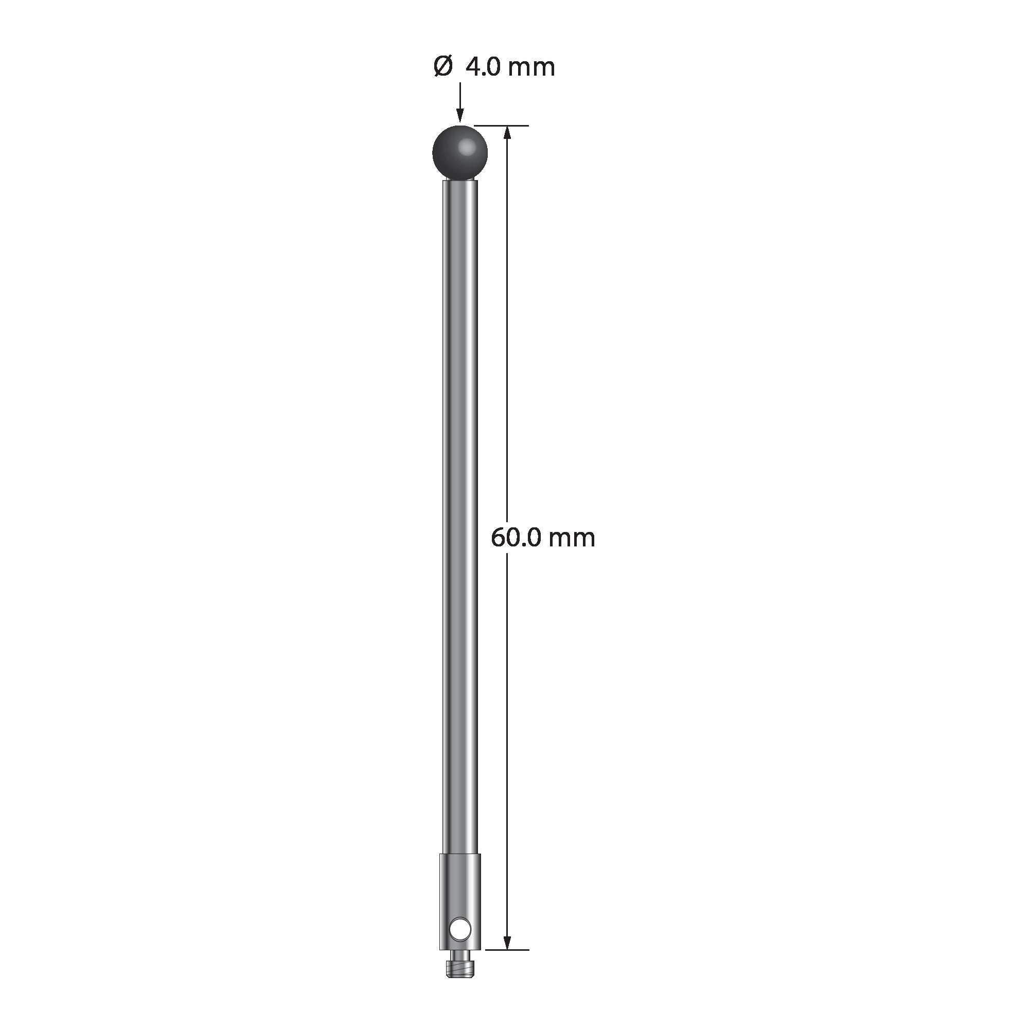 TM2-4060-SN M2 stylus with 4.0mm silicon nitride ball, carbide stem, and stainless steel base, 60.0mm long by Q-Mark Manufacturing, Inc.