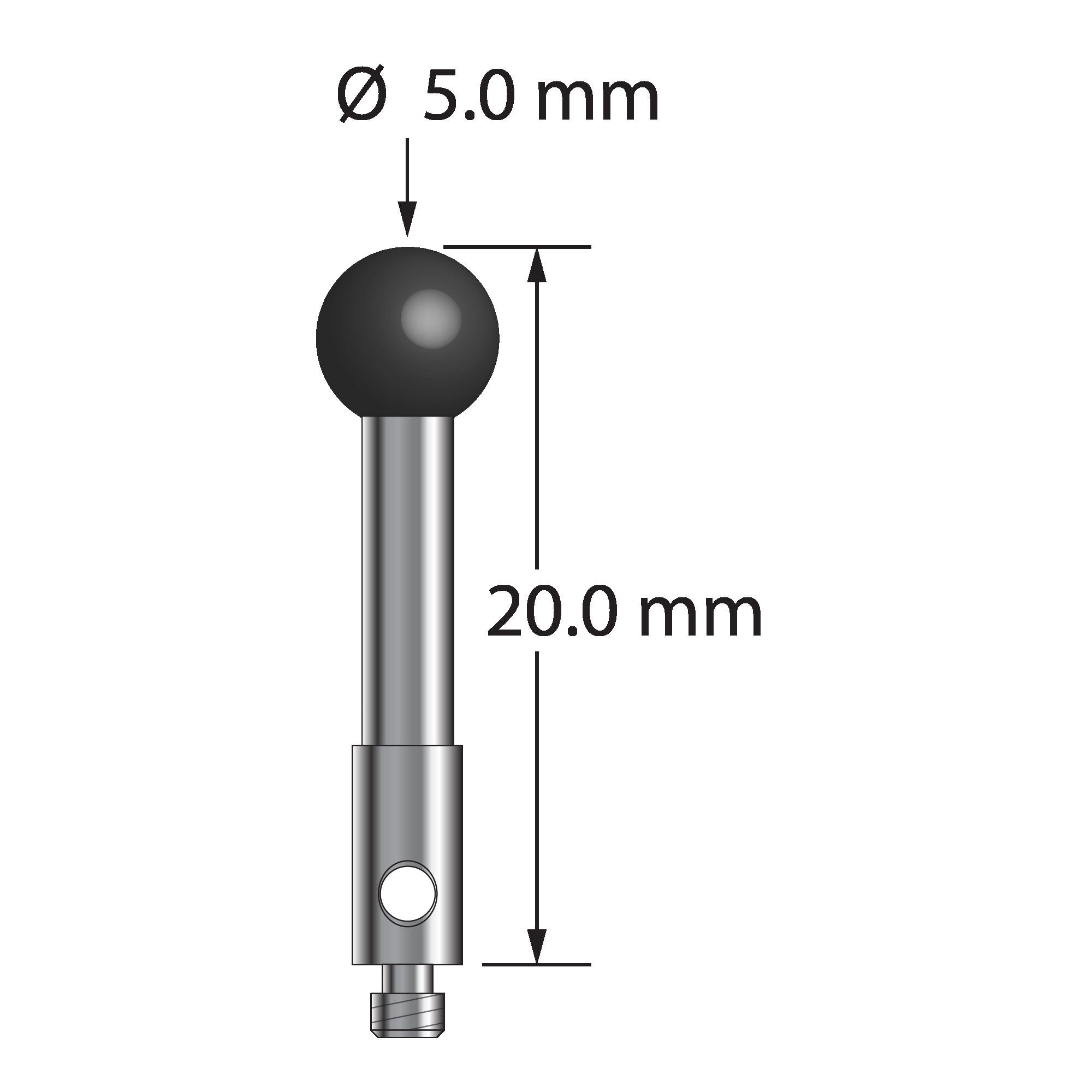 TM2-5020-SN M2 stylus with 5.0mm silicon nitride ball, carbide stem, and stainless steel base, 20.0mm long by Q-Mark Manufacturing, Inc.